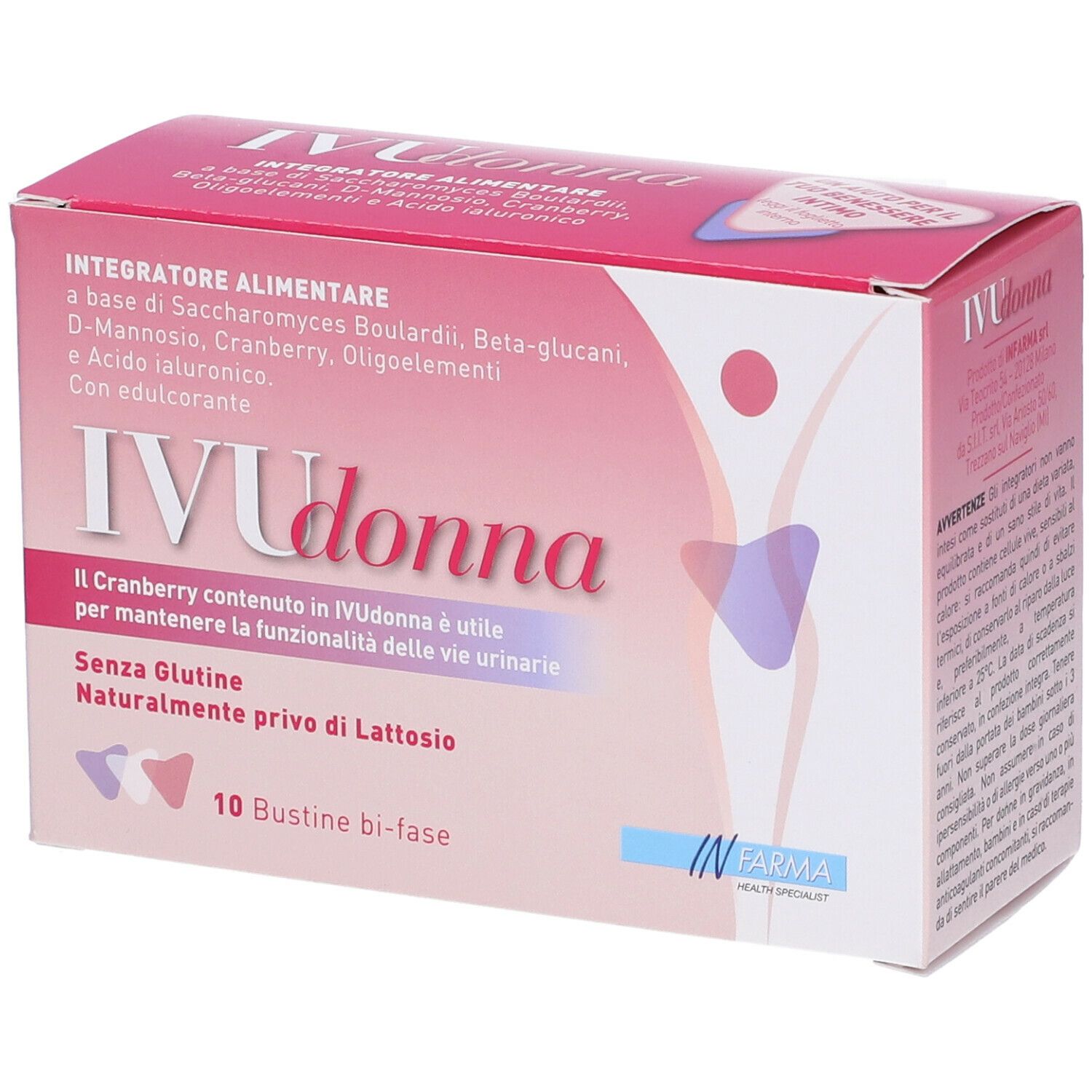 Scatola rosa IVU Donna. Scritte: Integratore Alimentare, 10 Bustine bi-fase.