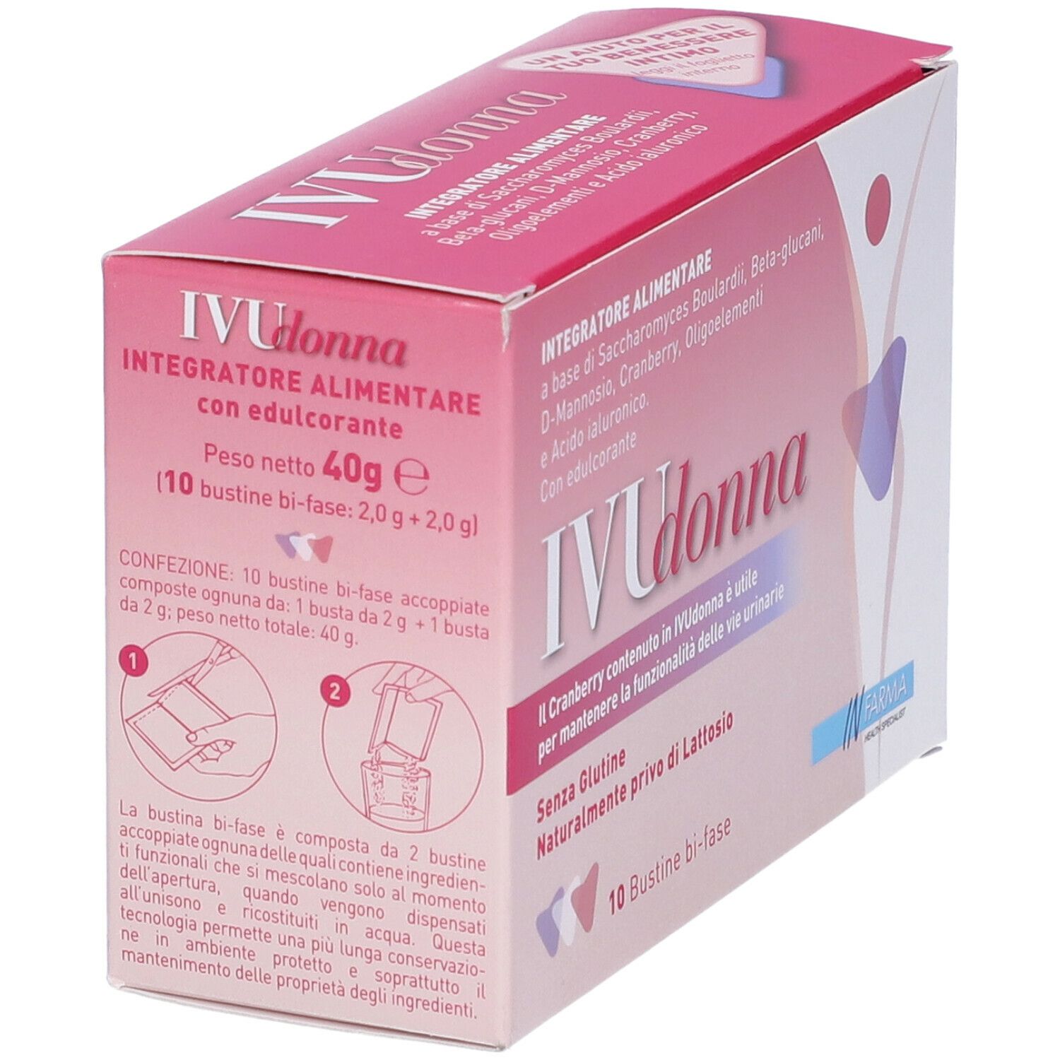 Scatola rosa IVU Donna. Scritte: Integratore Alimentare, 40g, 10 Bustine bi-fase.