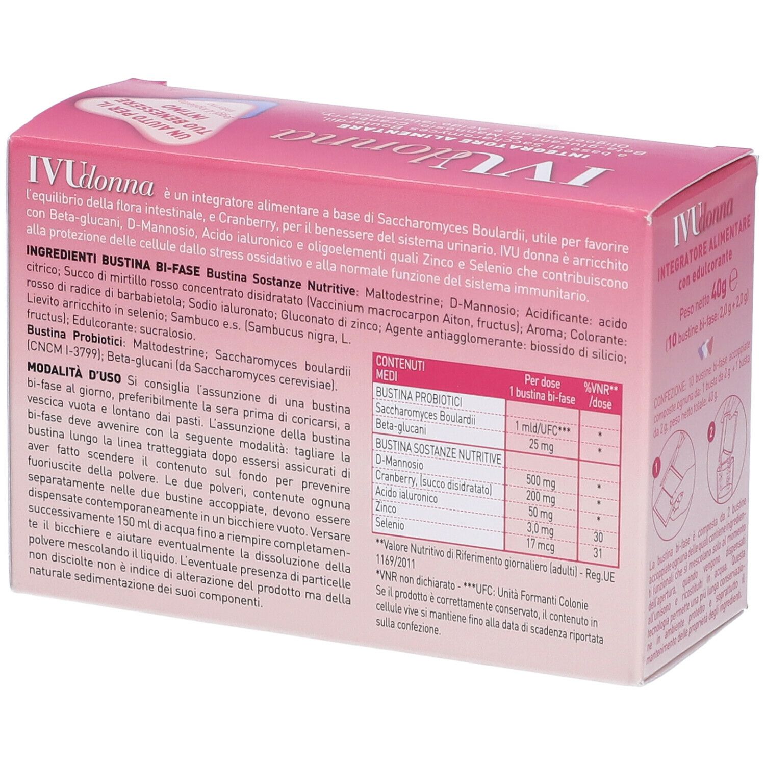 Scatola rosa IVU Donna. Retro con ingredienti e dosaggio.