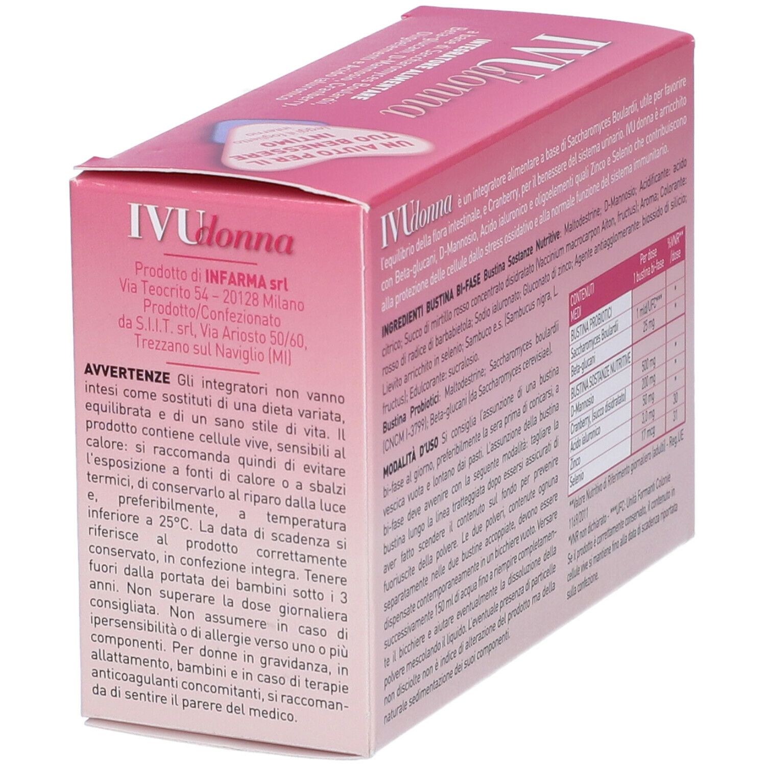 Scatola rosa IVU Donna. Lato con avvertenze e ingredienti.
