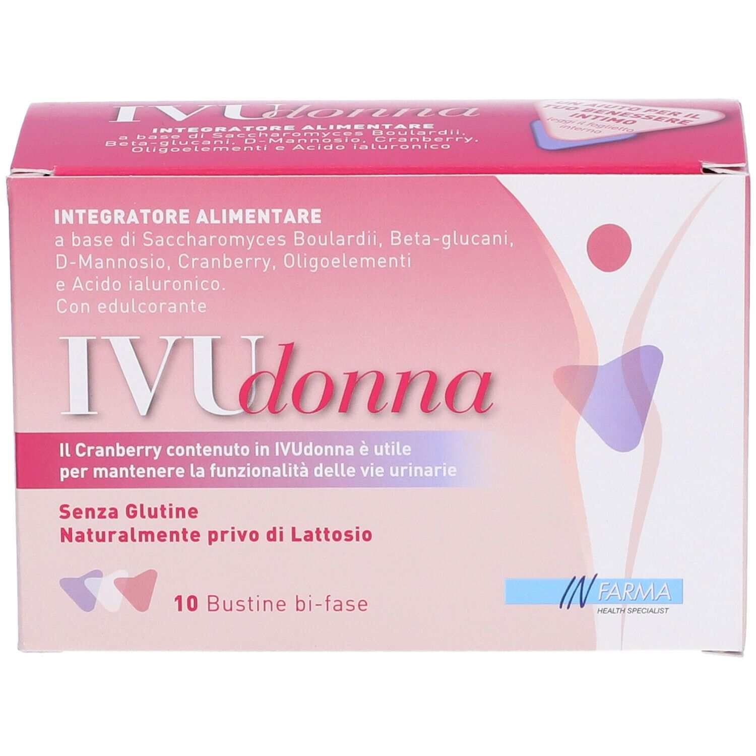 Scatola rosa IVU Donna. Scritte: Integratore Alimentare, 10 Bustine bi-fase.
