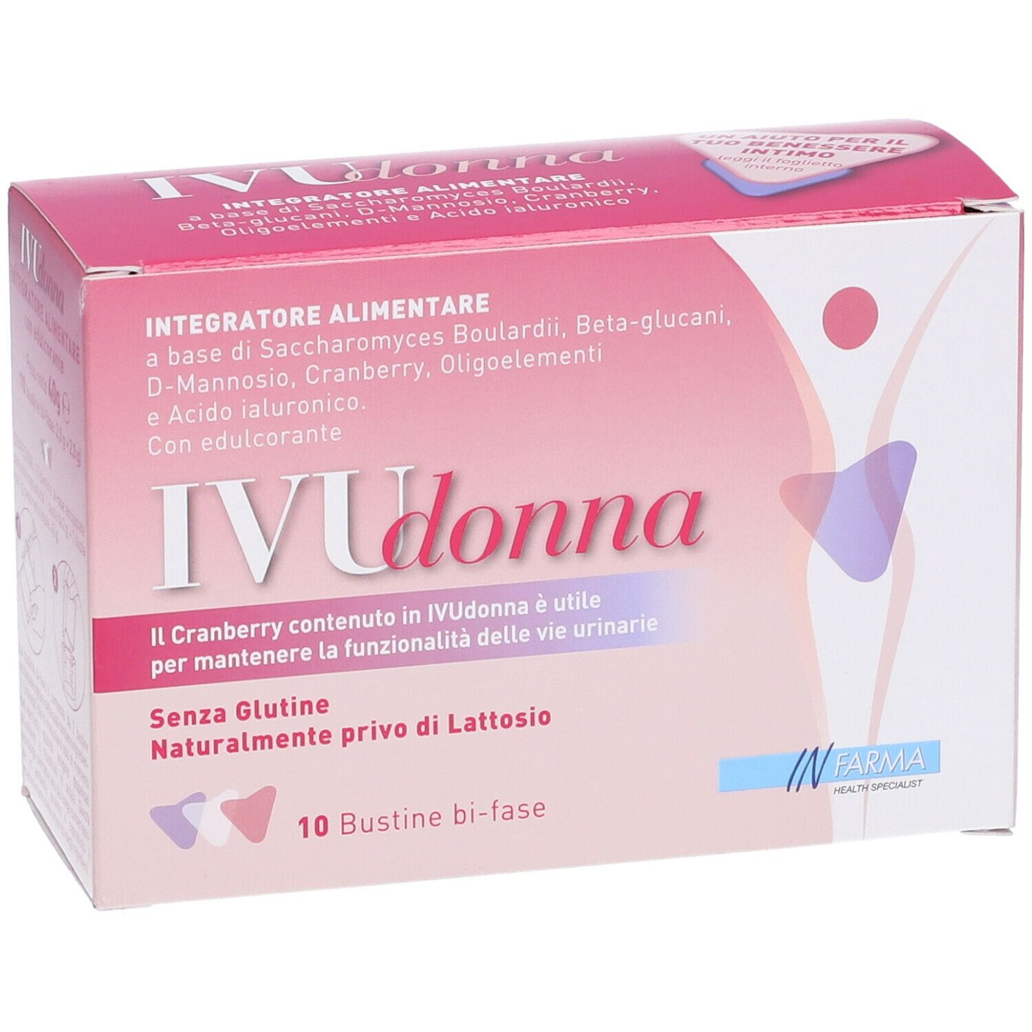 Scatola rosa IVU Donna. Scritte: Integratore Alimentare, 10 Bustine bi-fase.