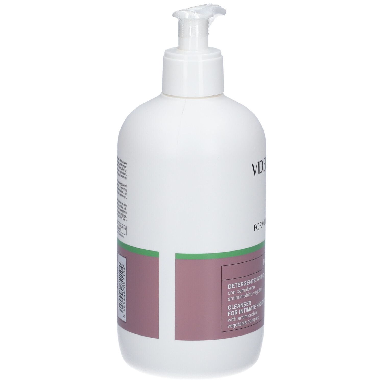 Flacone bianco con dosatore a pompa. Etichetta laterale con testo. Colori verde e rosa.