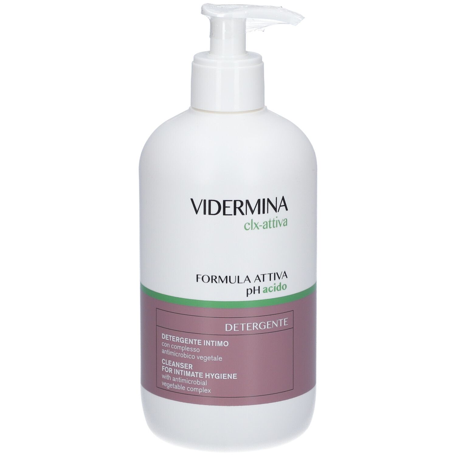 Flacone bianco con dosatore a pompa. Scritta: VIDERMINA clx-attiva, FORMULA ATTIVA pH acido. Etichetta con testo.