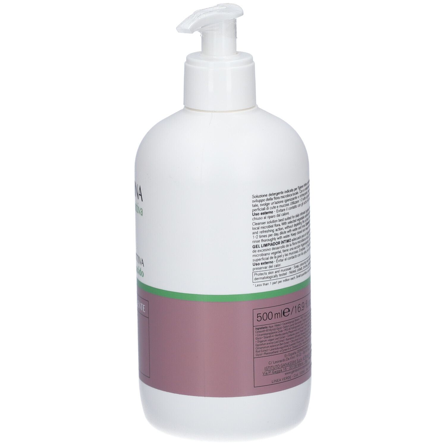 Flacone bianco con dosatore a pompa. Retro con testo. Etichetta verde e rosa. Volume: 500ml/16.9 fl.oz.