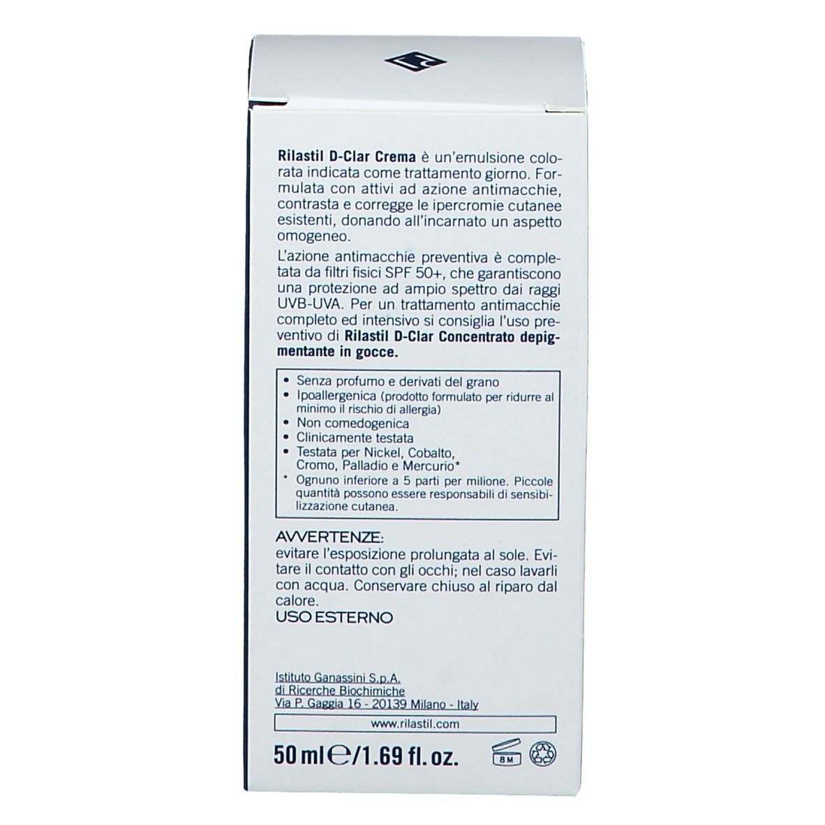 Lato della confezione della crema Rilastil D-Clar. Testo in italiano. Informazioni sul prodotto.