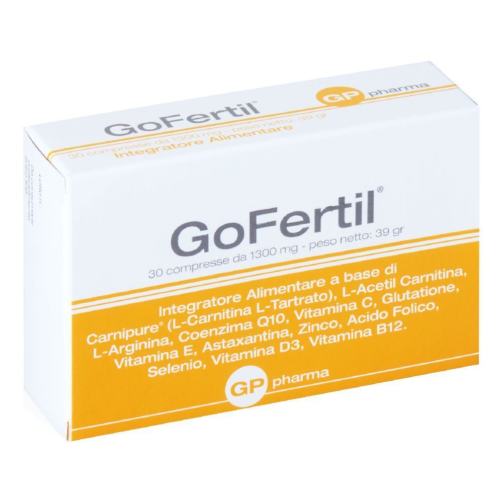 Scatola bianca e gialla con scritta "GoFertil". Contiene 30 compresse. Scritta: "Integratore Alimentare". Marchio: GP pharma.