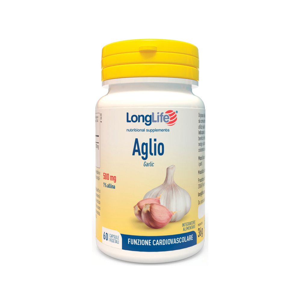 Flacone bianco con tappo giallo. Scritta: LongLife Aglio, 500 mg, 60 capsule. Illustrazione: spicchi d'aglio.