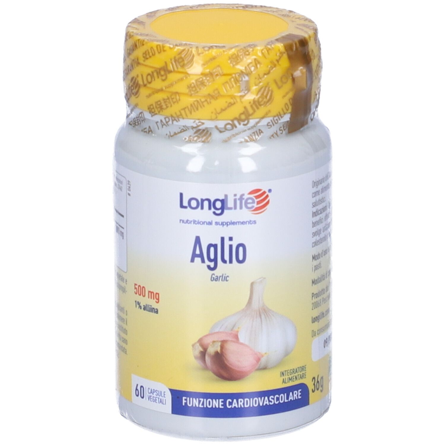 Flacone bianco con tappo e sigillo gialli. Scritta: LongLife Aglio, 500 mg, 60 capsule. Aglio.