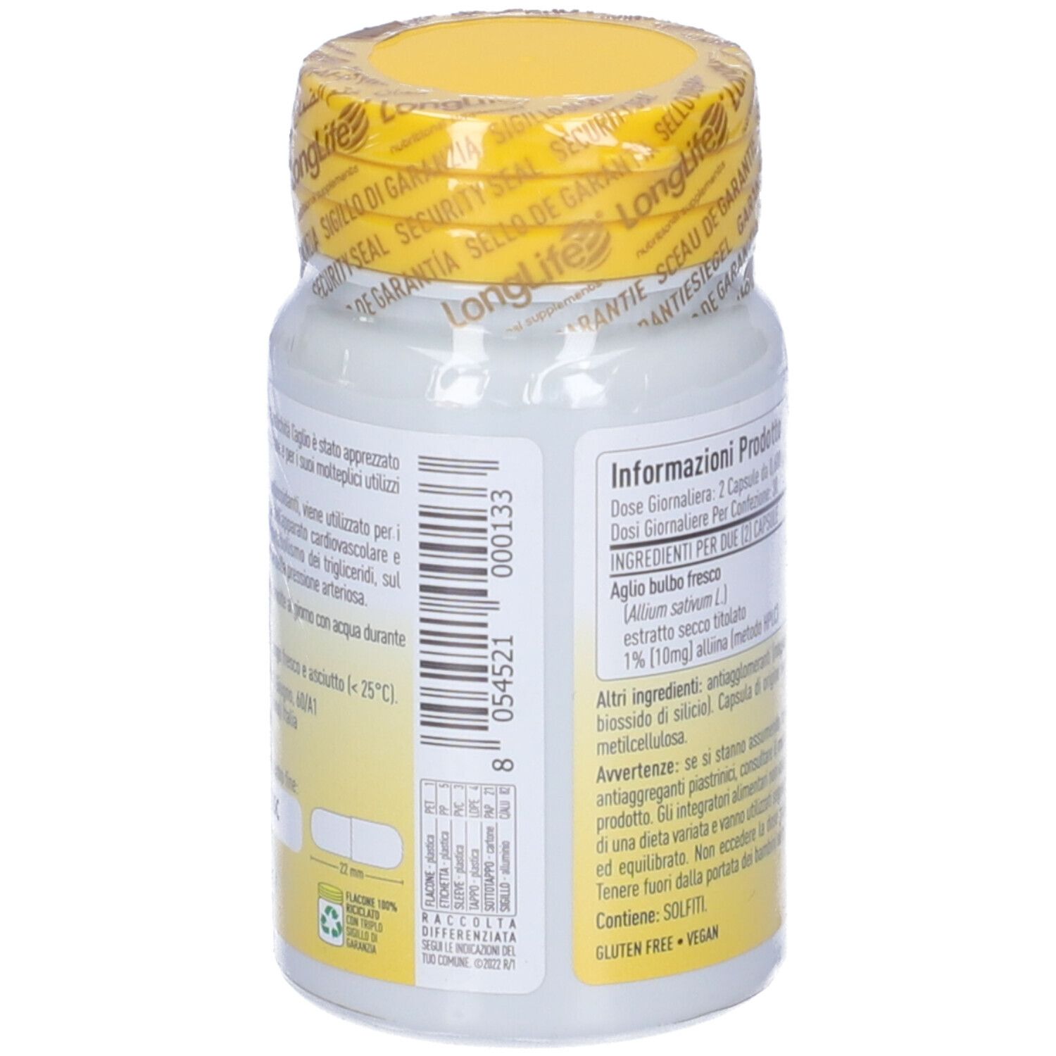 Flacone bianco con tappo e sigillo gialli. Retro con informazioni prodotto. Scritta: LongLife Aglio, 500 mg.