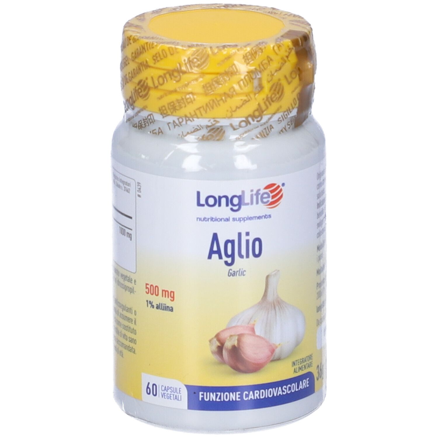 Flacone bianco con tappo e sigillo gialli. Scritta: LongLife Aglio, 500 mg, 60 capsule. Aglio.