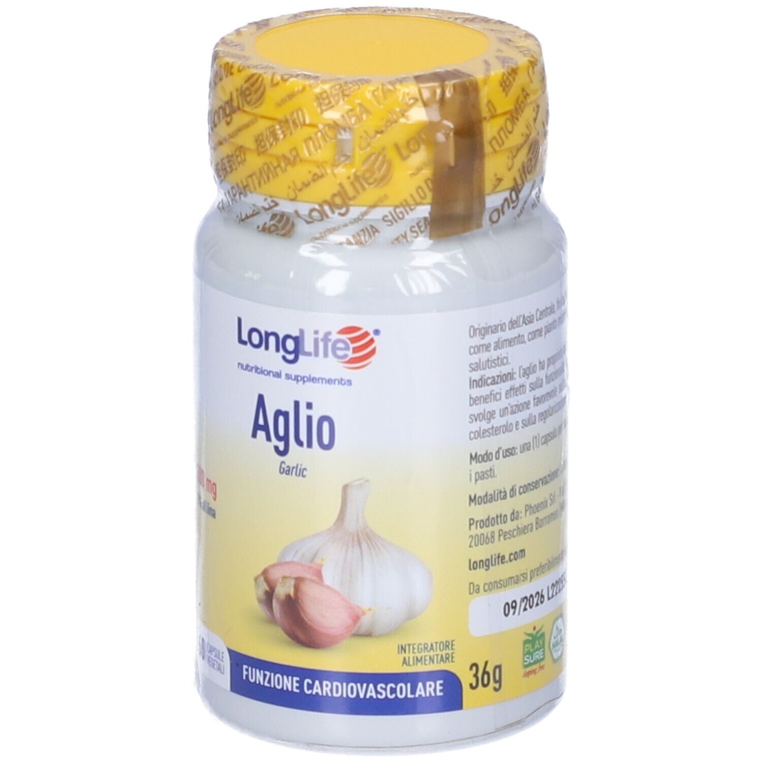 Flacone bianco con tappo e sigillo gialli. Scritta: LongLife Aglio, 500 mg, 60 capsule. Aglio.