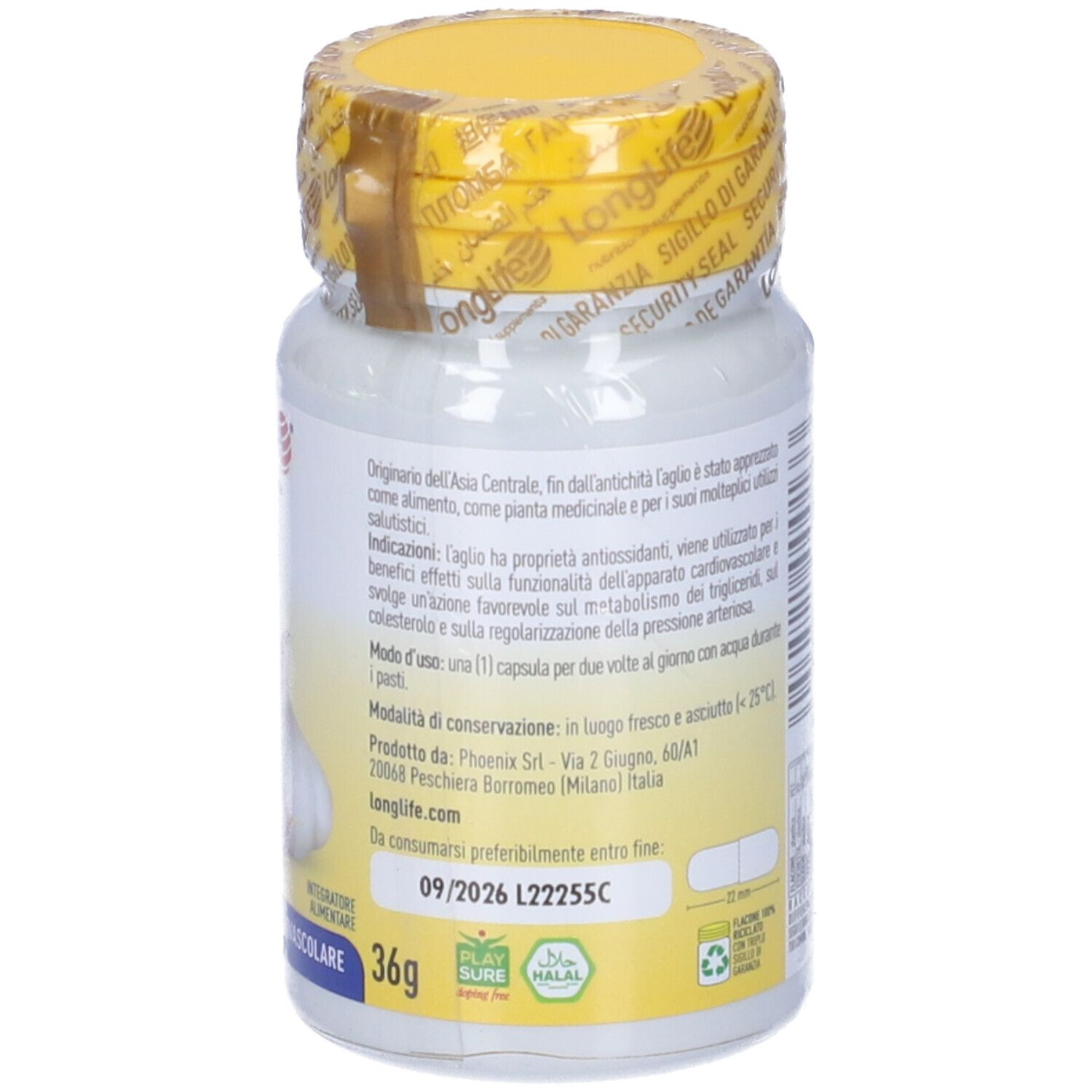 Flacone bianco con tappo e sigillo gialli. Retro con informazioni prodotto. Scritta: LongLife Aglio, 500 mg.