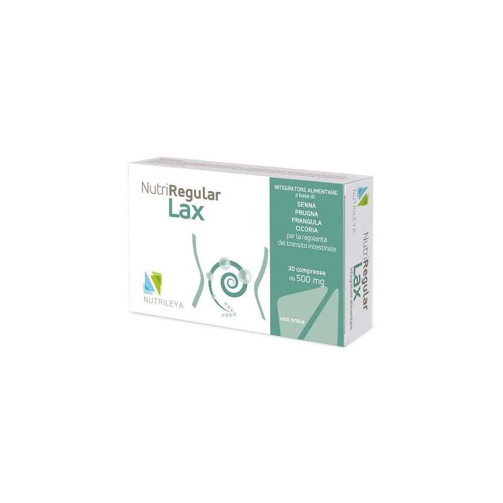 Scatola bianca NutriRegular Lax. Ingredienti e informazioni. 30 compresse da 500 mg.