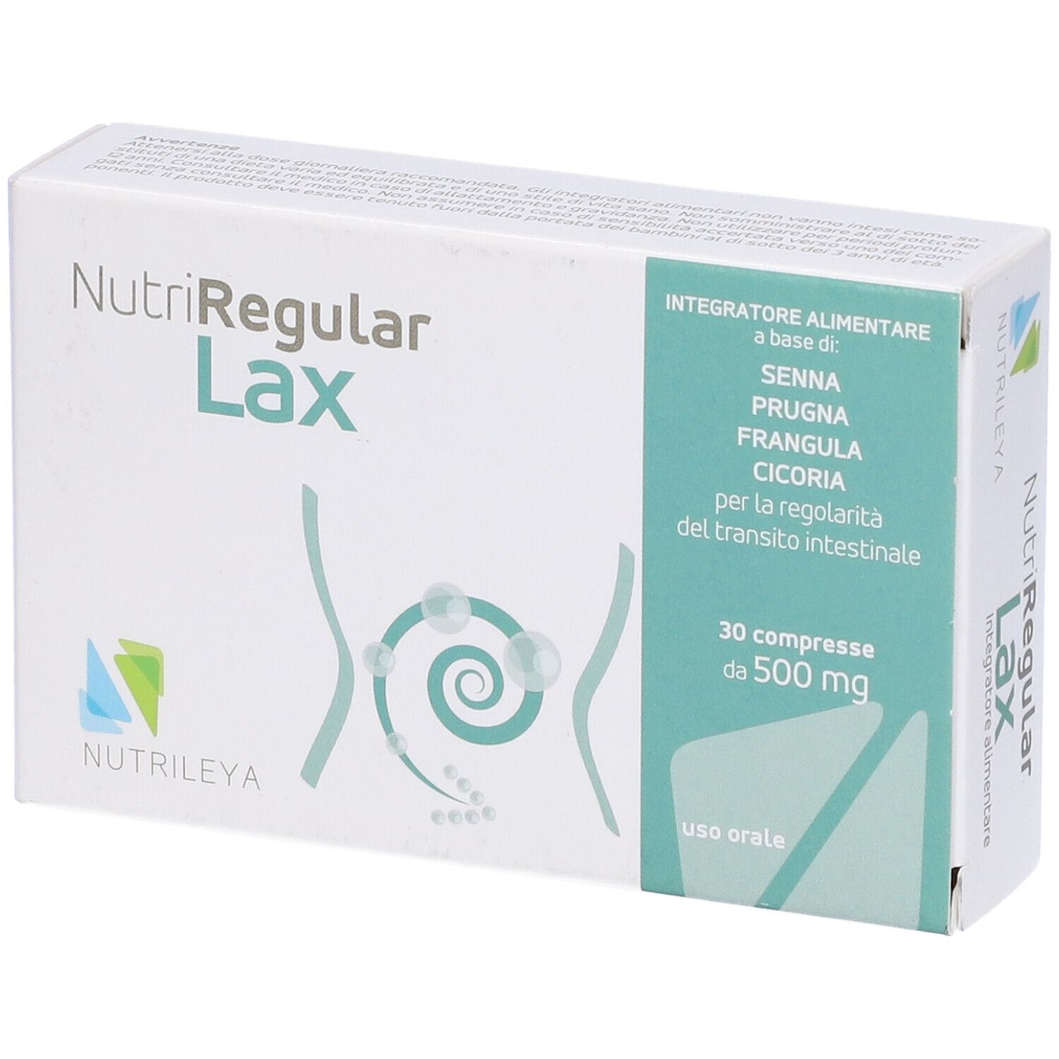 Scatola bianca NutriRegular Lax. Ingredienti e informazioni. 30 compresse da 500 mg.