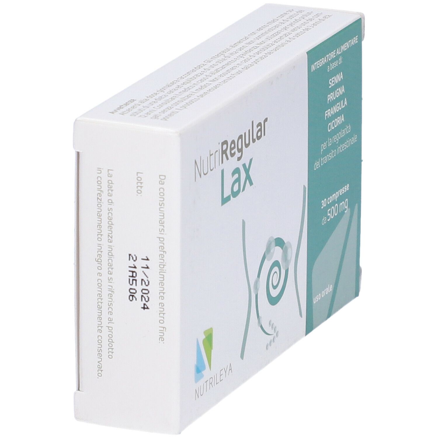 Scatola bianca NutriRegular Lax. Ingredienti e informazioni. 30 compresse da 500 mg.