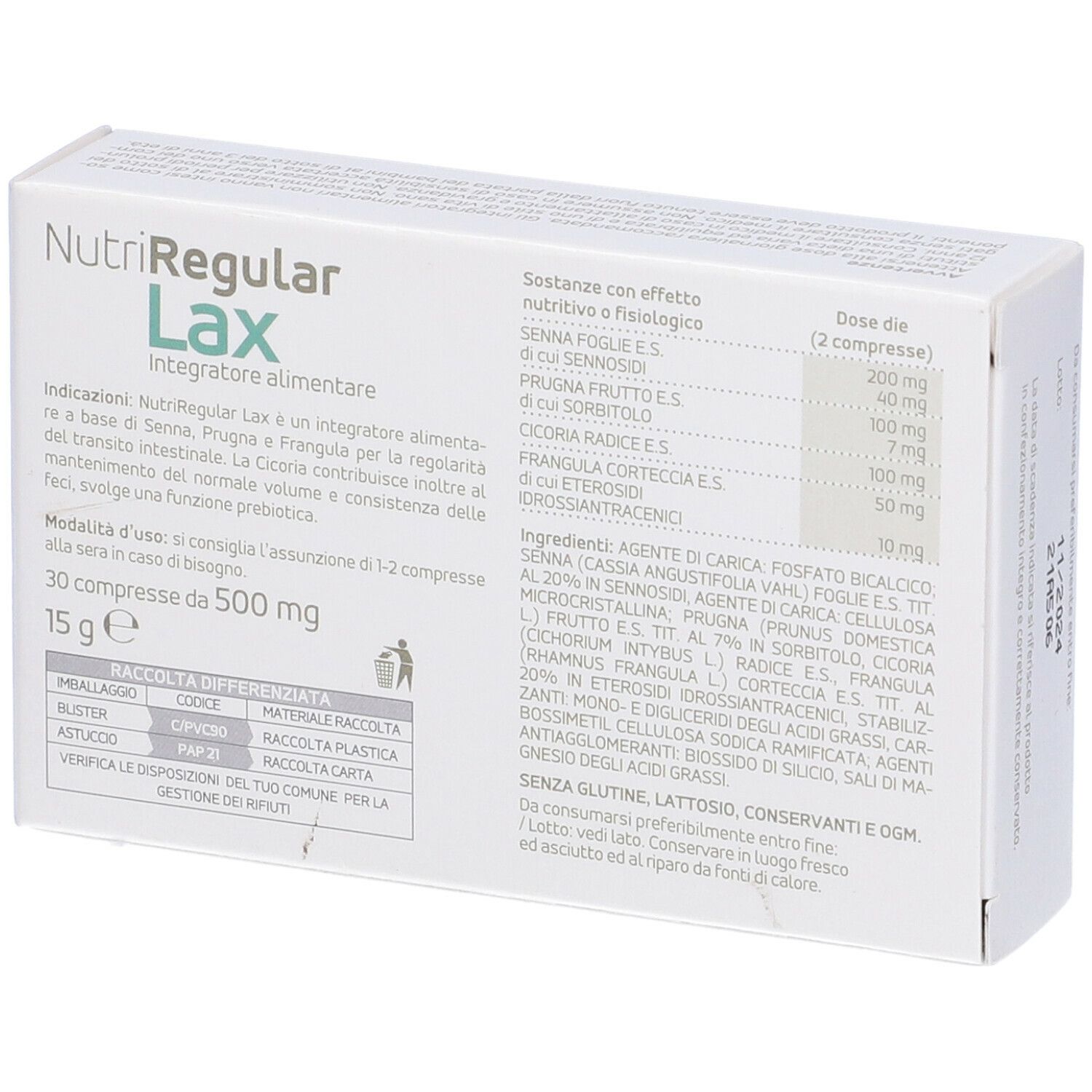 Scatola bianca NutriRegular Lax. Ingredienti e informazioni. 30 compresse da 500 mg.