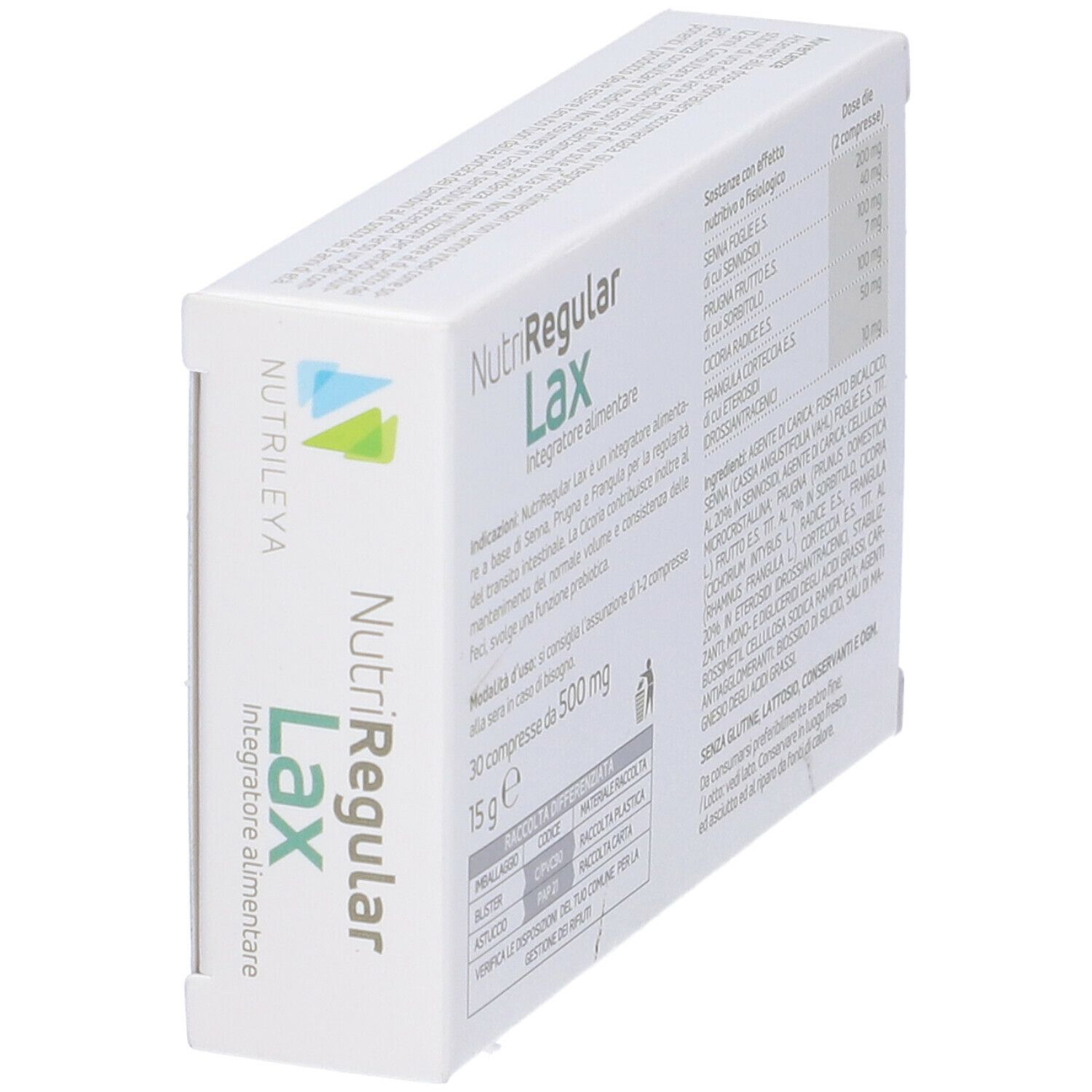 Scatola bianca NutriRegular Lax. Ingredienti e informazioni. 30 compresse da 500 mg.