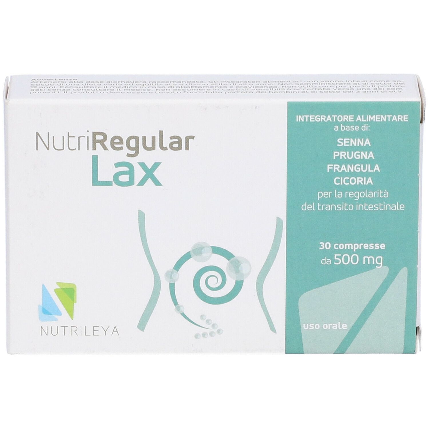 Scatola bianca NutriRegular Lax. Ingredienti e informazioni. 30 compresse da 500 mg.