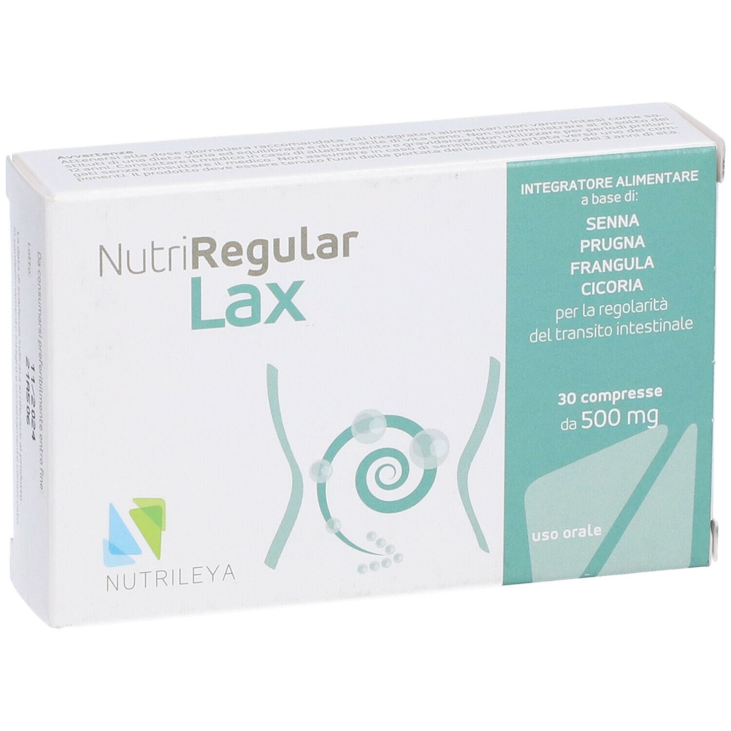 Scatola bianca NutriRegular Lax. Ingredienti e informazioni. 30 compresse da 500 mg.