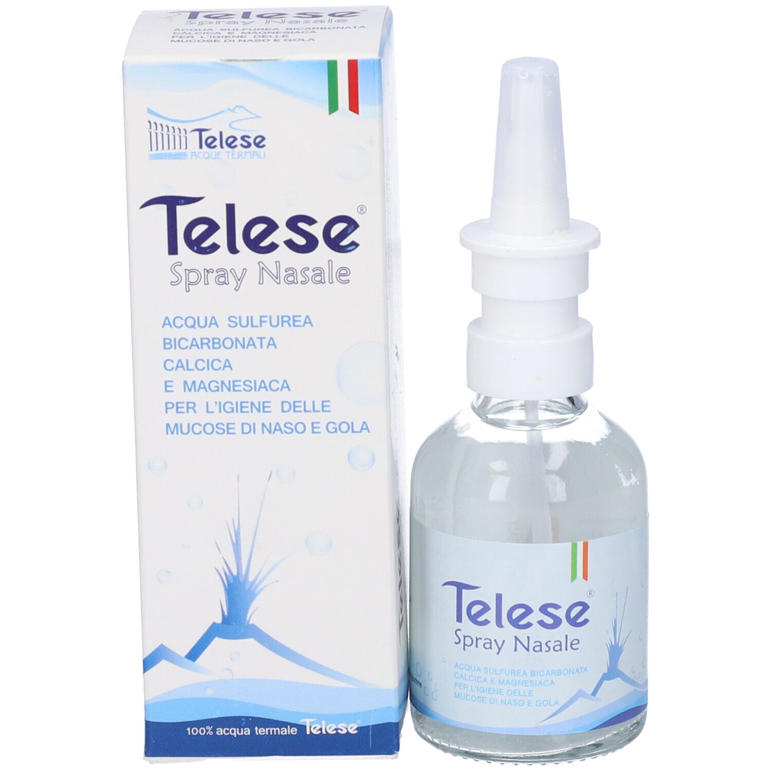 Flacone spray nasale e confezione. Flacone con erogatore accanto alla scatola. Nome del prodotto visibile.