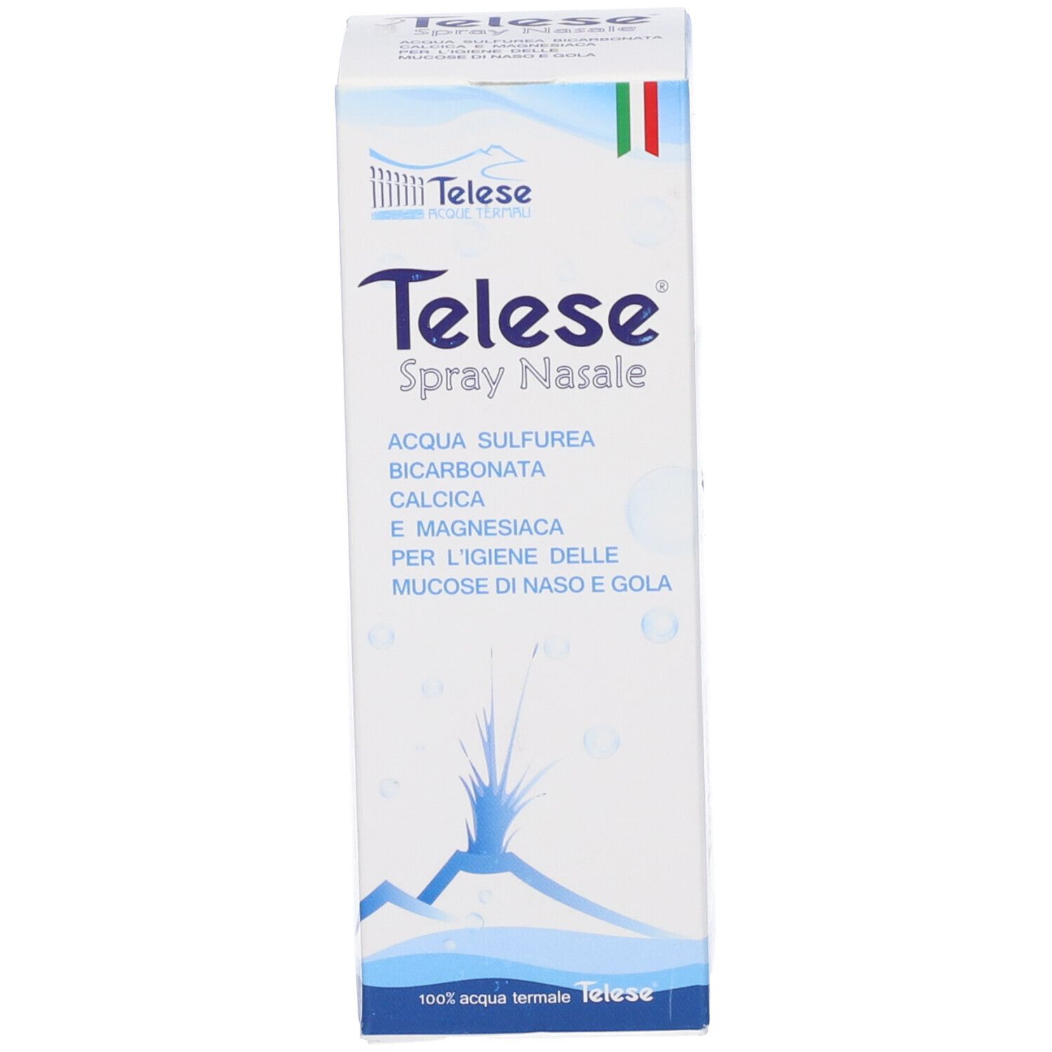 Confezione spray nasale. Scatola bianca e blu con nome del prodotto e ingredienti. Bandiera italiana.