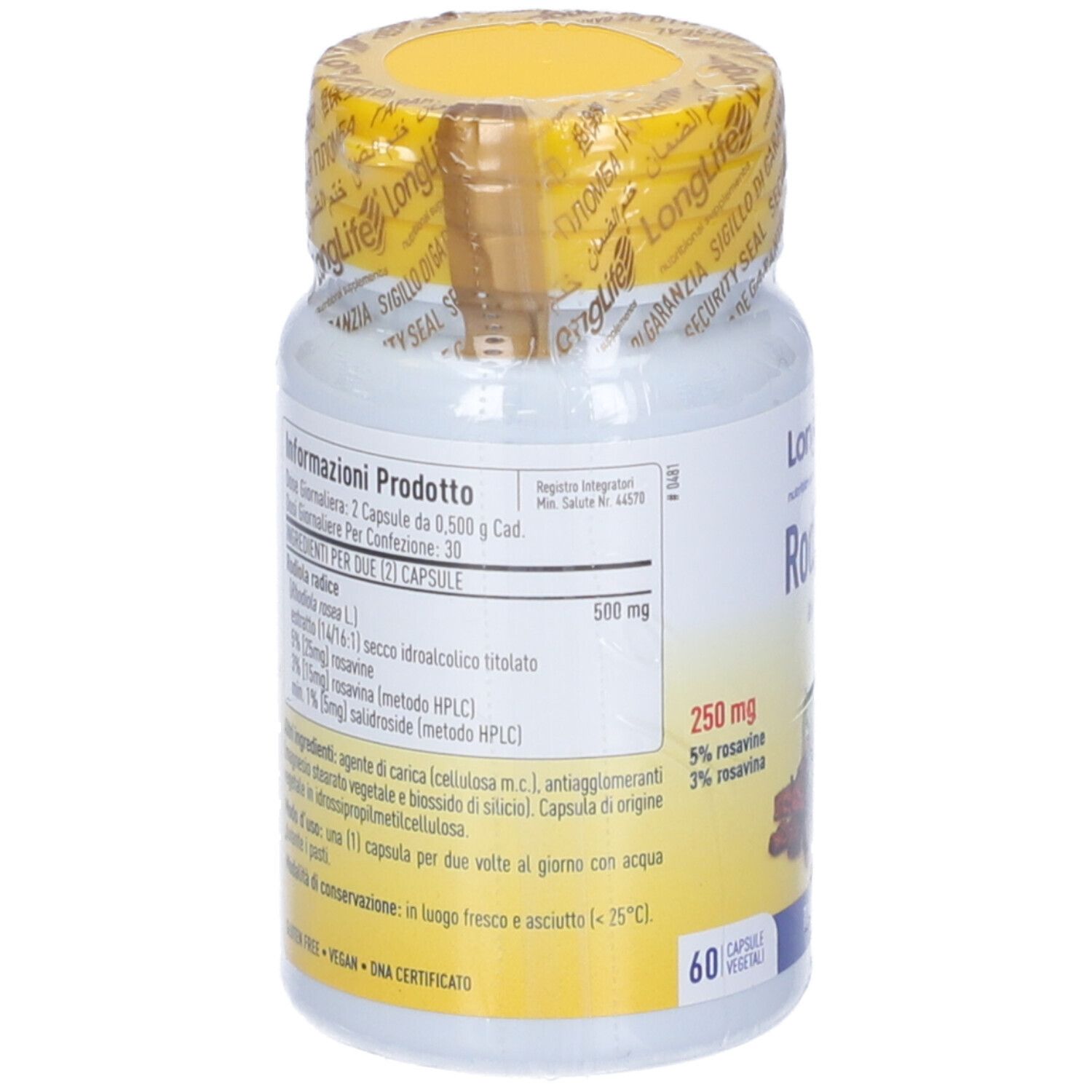 Retro del flacone di integratore. Contiene informazioni sul prodotto e ingredienti. 60 capsule.