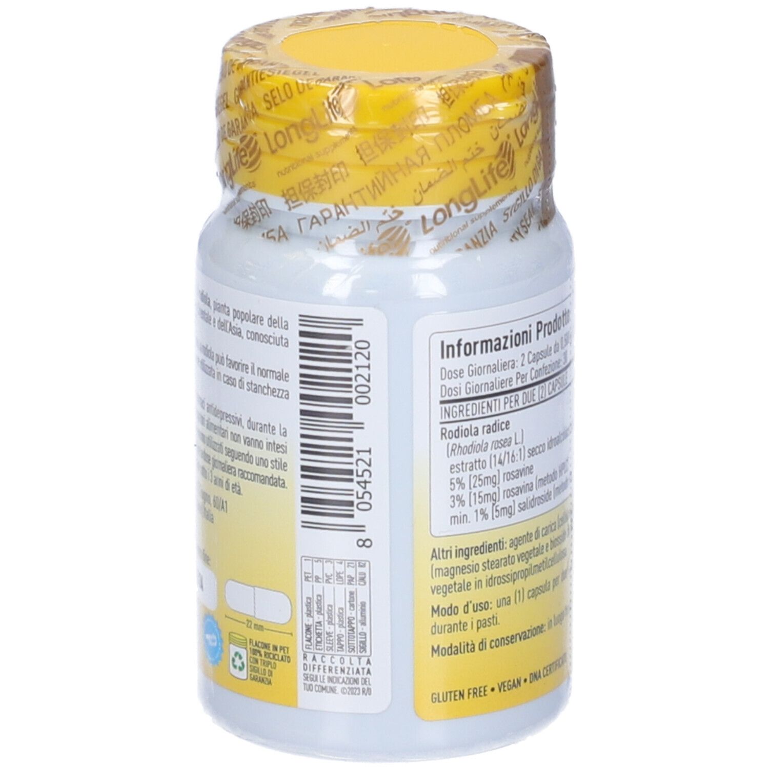 Retro del flacone di integratore. Informazioni sul prodotto e certificazioni. 60 capsule.