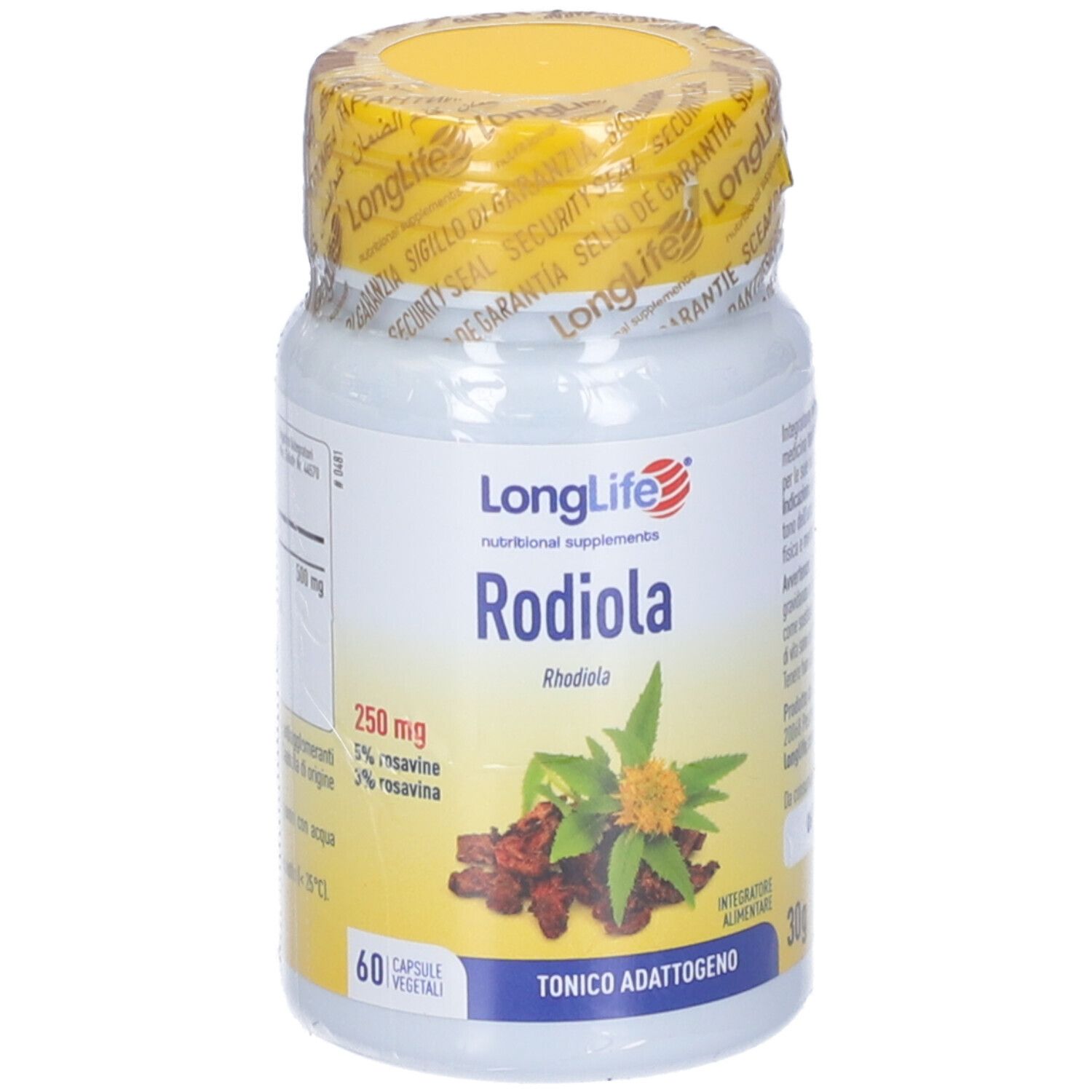 Flacone di integratore con tappo giallo. Scritta: LongLife Rodiola. Contiene 60 capsule.