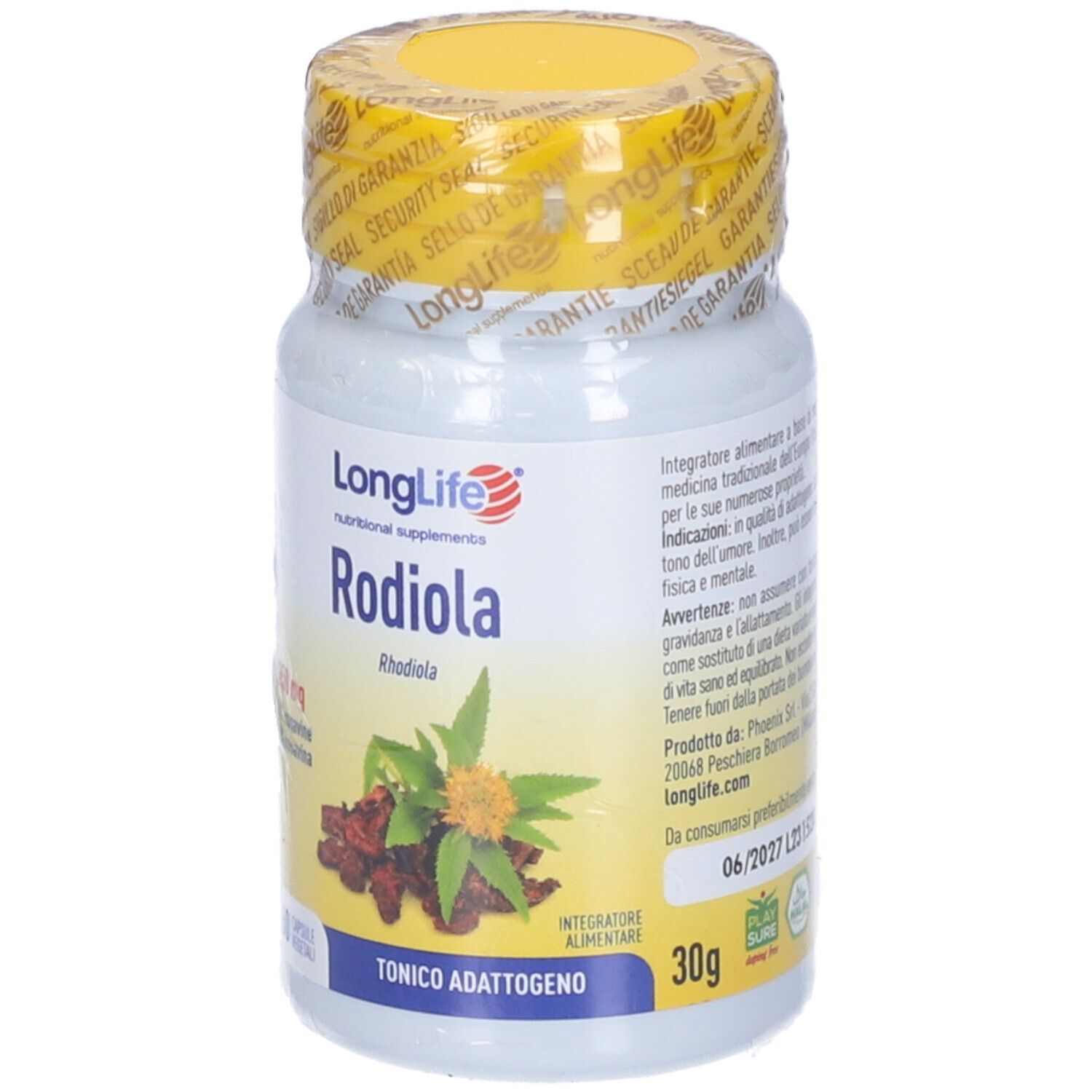 Flacone di integratore con tappo giallo. Scritta: LongLife Rodiola. Contiene 30g.