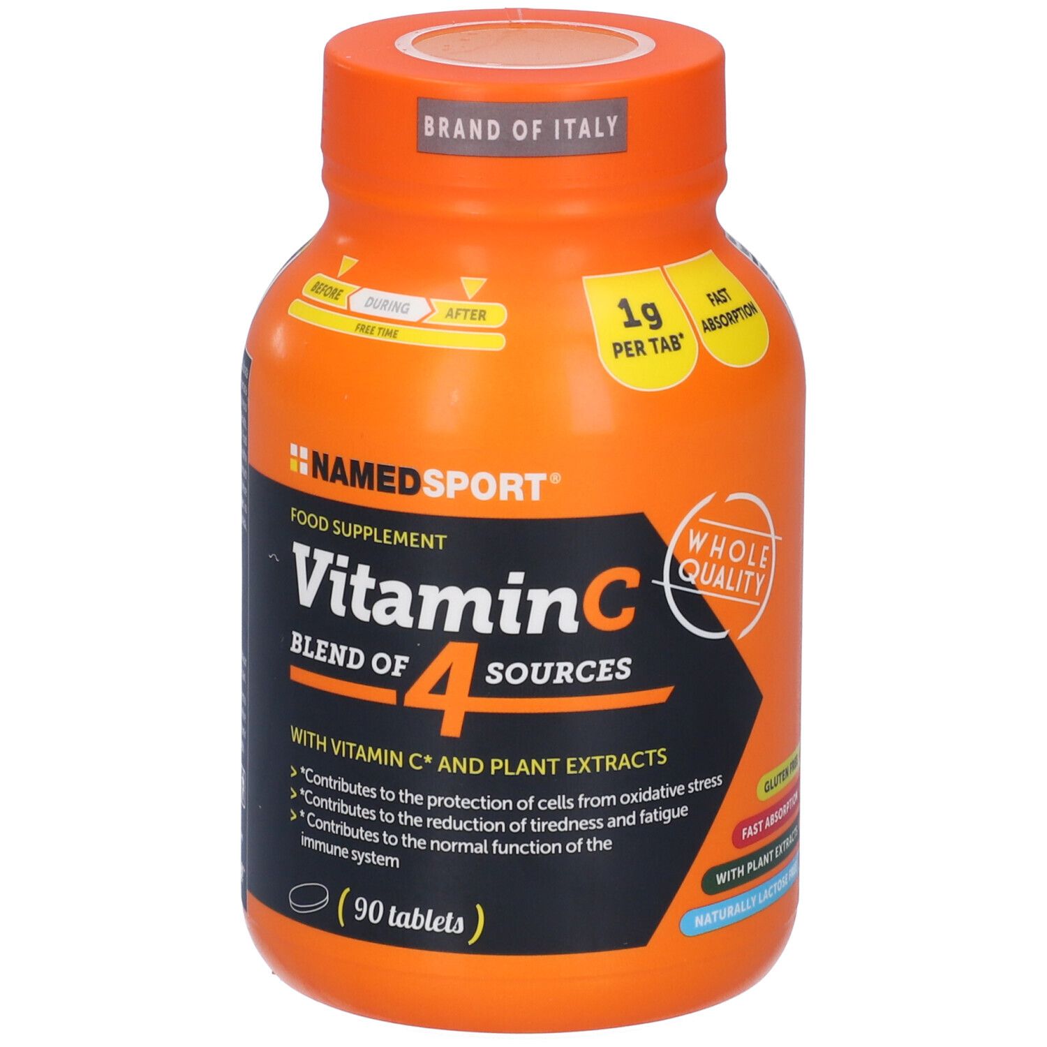 Flacone arancione di integratore di vitamina C. Scritta: Vitamin C Blend of 4 Sources, 90 compresse.