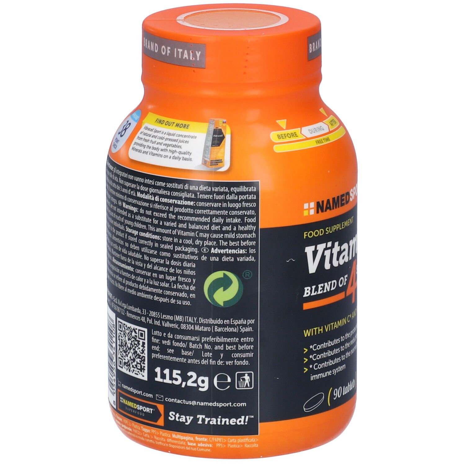 Retro del flacone arancione di vitamina C. Informazioni testuali, inclusi ingredienti e raccomandazioni.