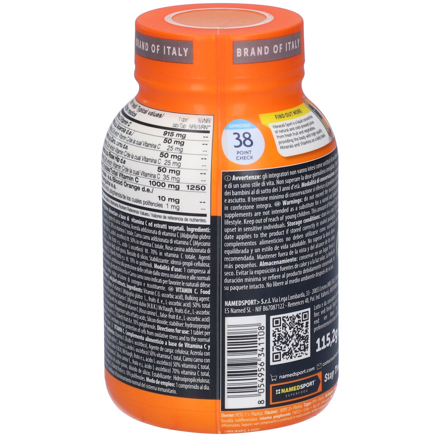 Retro del flacone arancione di vitamina C. Vista dettagliata della tabella degli ingredienti e altre informazioni.