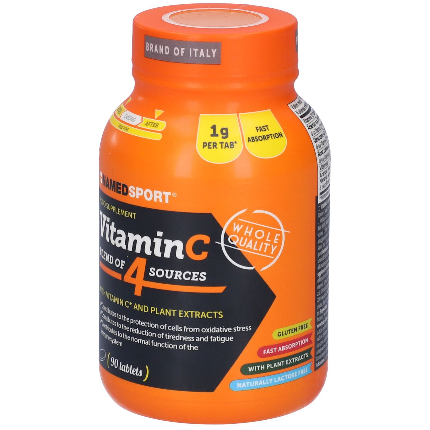 Flacone arancione di integratore di vitamina C. Scritta: Vitamin C Blend of 4 Sources, 90 compresse.