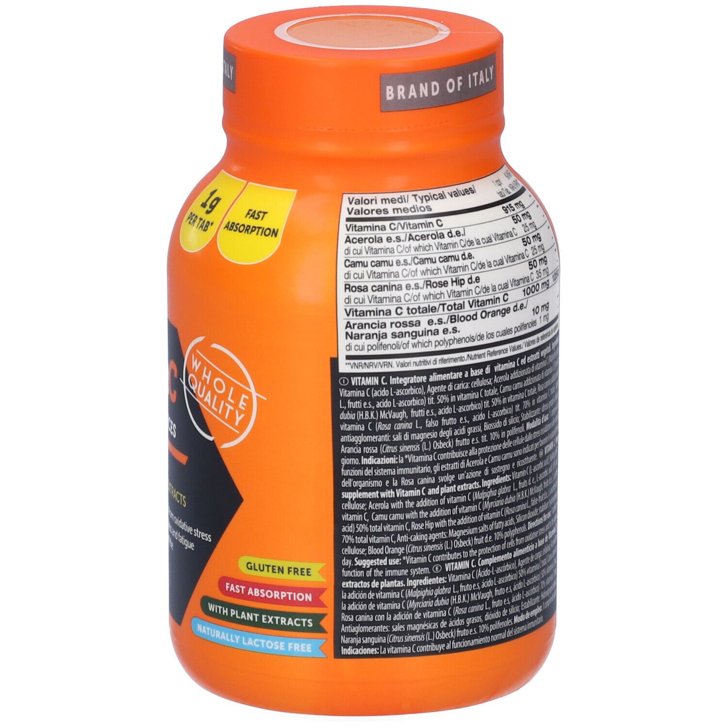Retro del flacone arancione di vitamina C. Vista dettagliata della tabella degli ingredienti e altre informazioni.