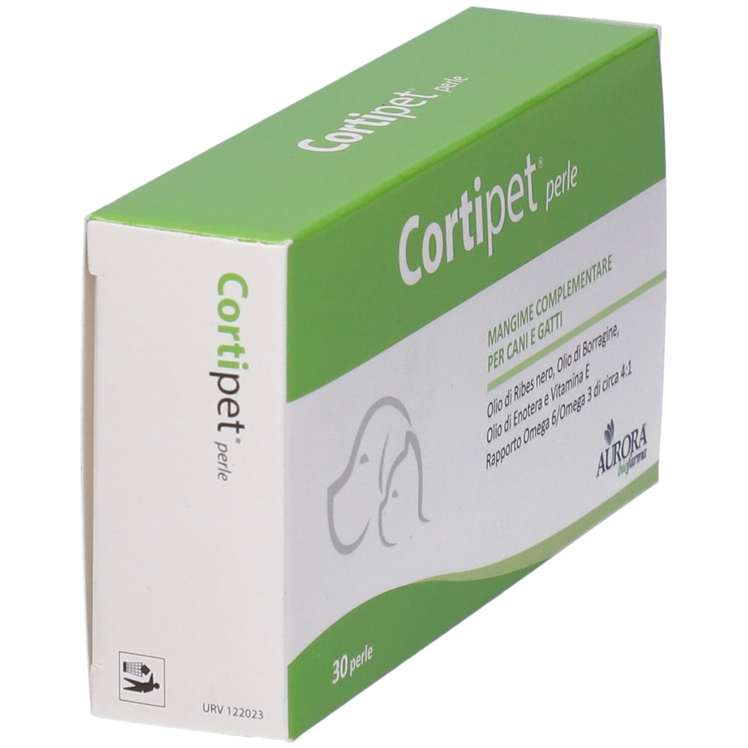 Grüne Schachtel mit Produktnamen. Enthält 30 Perlen. Text in italienischer Sprache. Aurora Biofarma Logo.