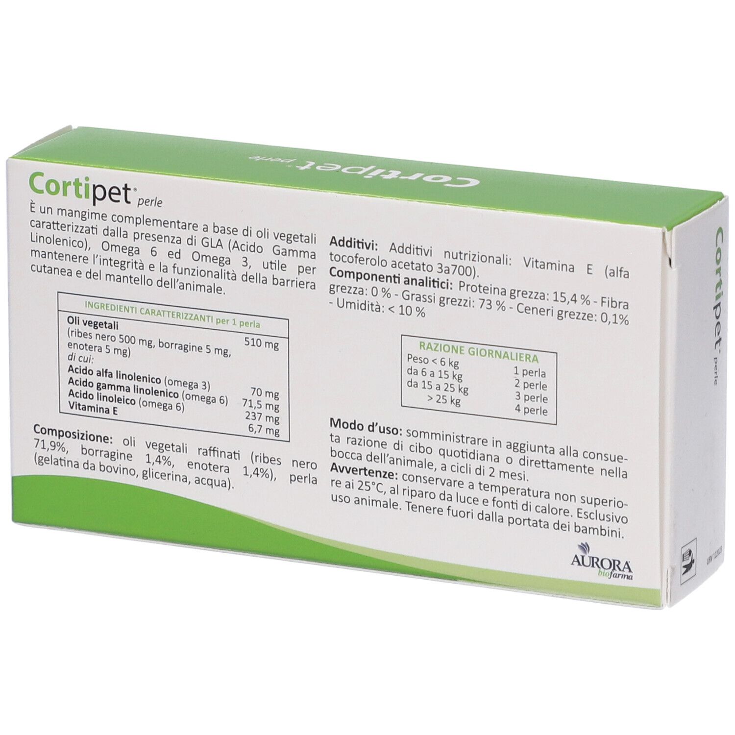 Rückseite der grünen Schachtel. Text in italienischer Sprache. Enthält Informationen zu Inhaltsstoffen und Dosierung.