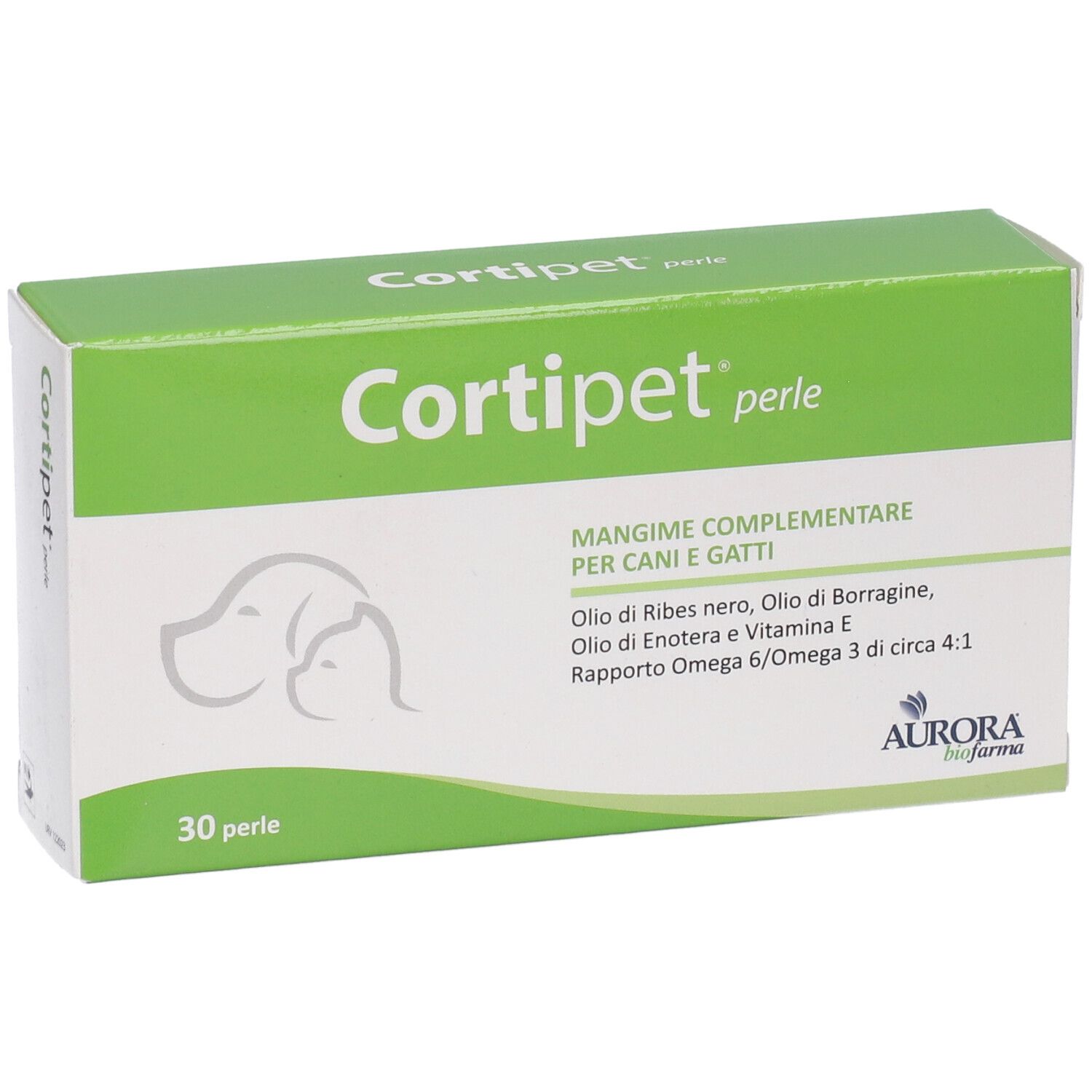 Grüne Schachtel mit Produktnamen und Logo. Enthält 30 Perlen. Text in italienischer Sprache. Aurora Biofarma Logo.