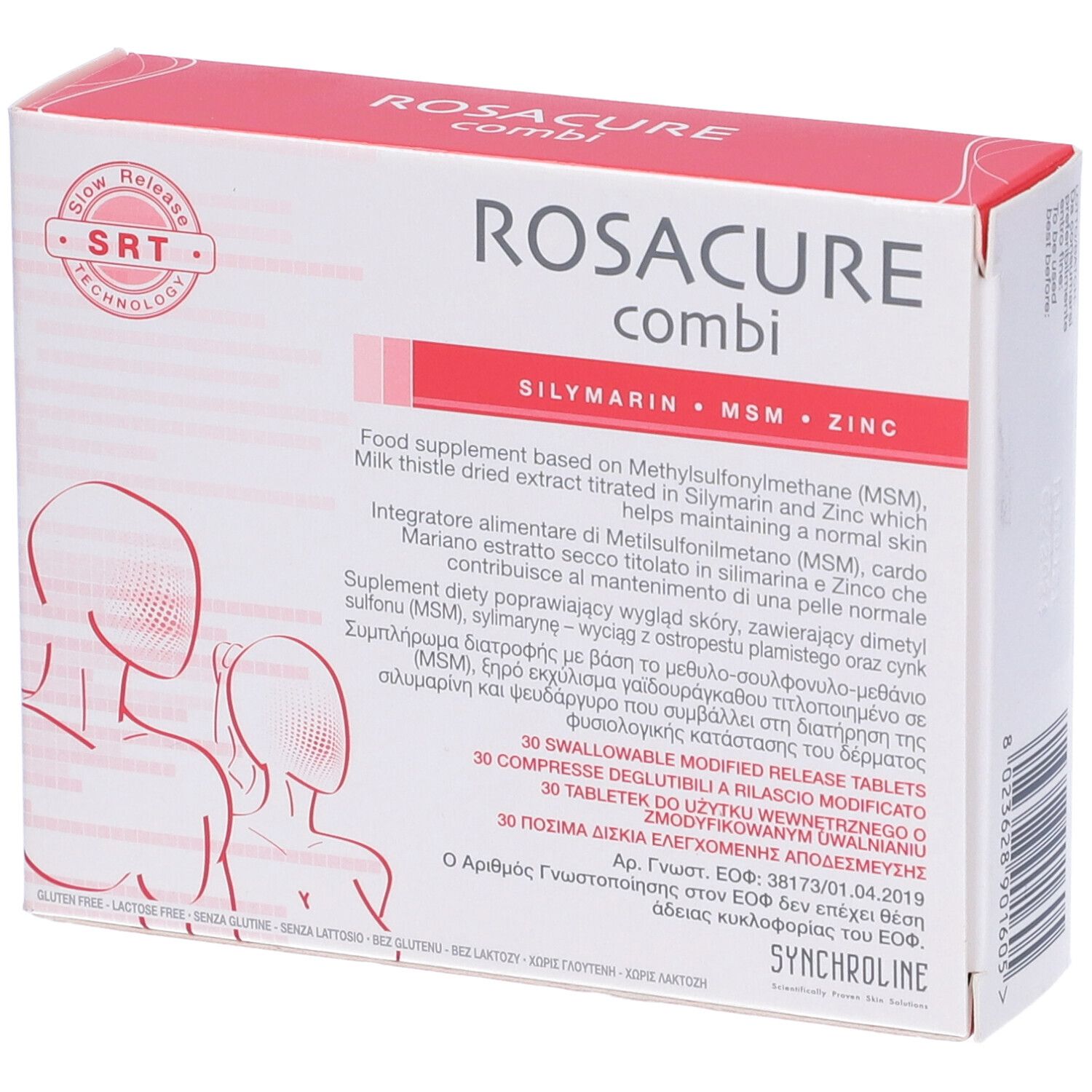Confezione di ROSACURE combi. Scatola bianca con testo e illustrazioni rosse. Contiene 30 compresse.