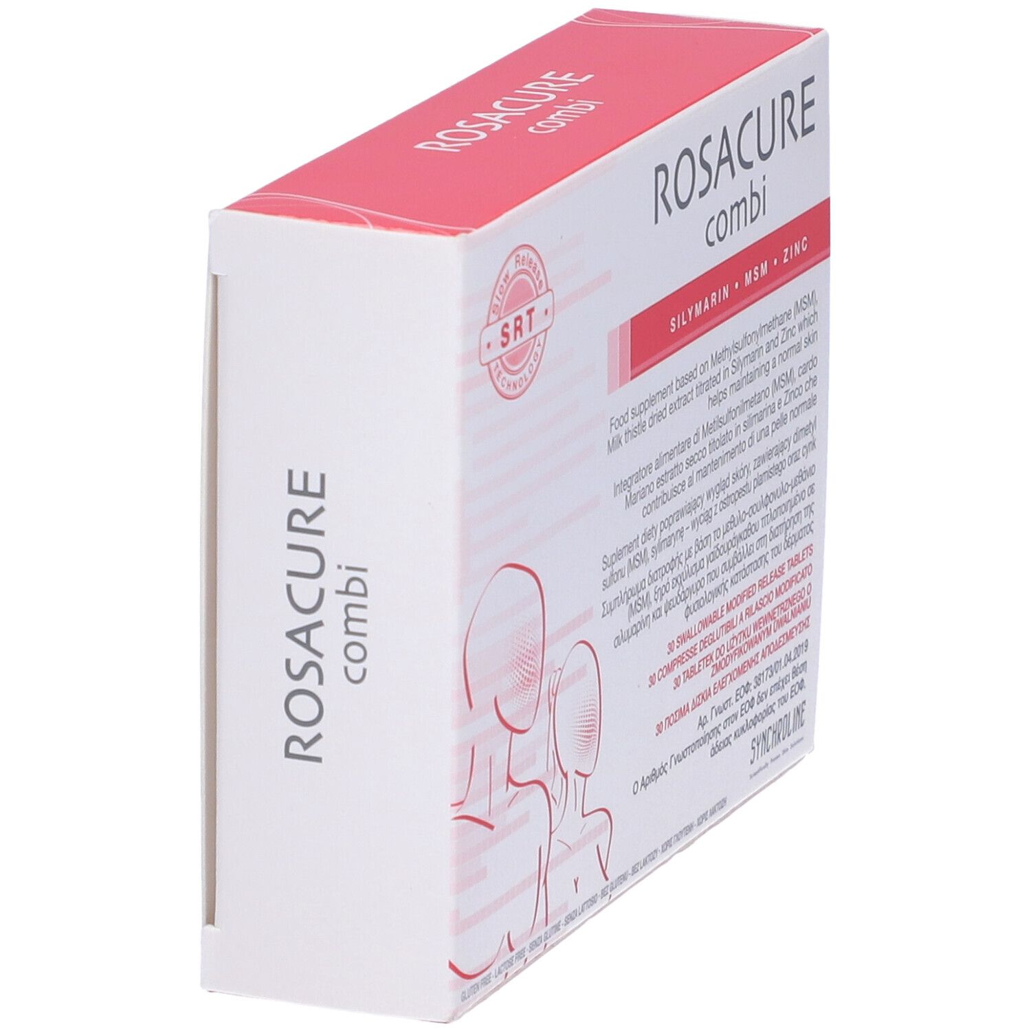 Confezione ROSACURE combi, vista laterale obliqua. Scatola bianca con testo rosso. Nome e logo del prodotto visibili.
