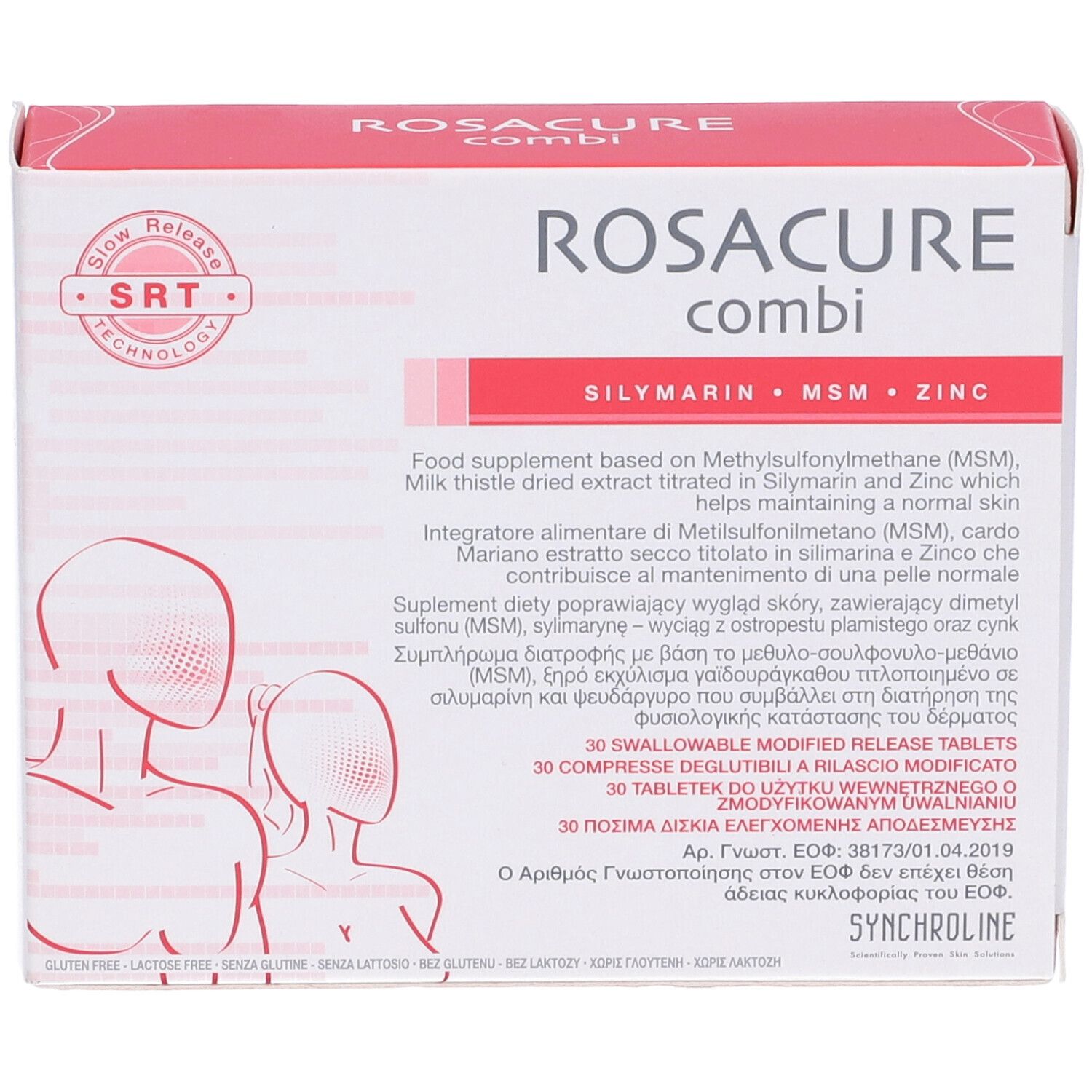 Confezione ROSACURE combi. Scatola bianca con testo rosso. Contiene 30 compresse. Tecnologia SRT.