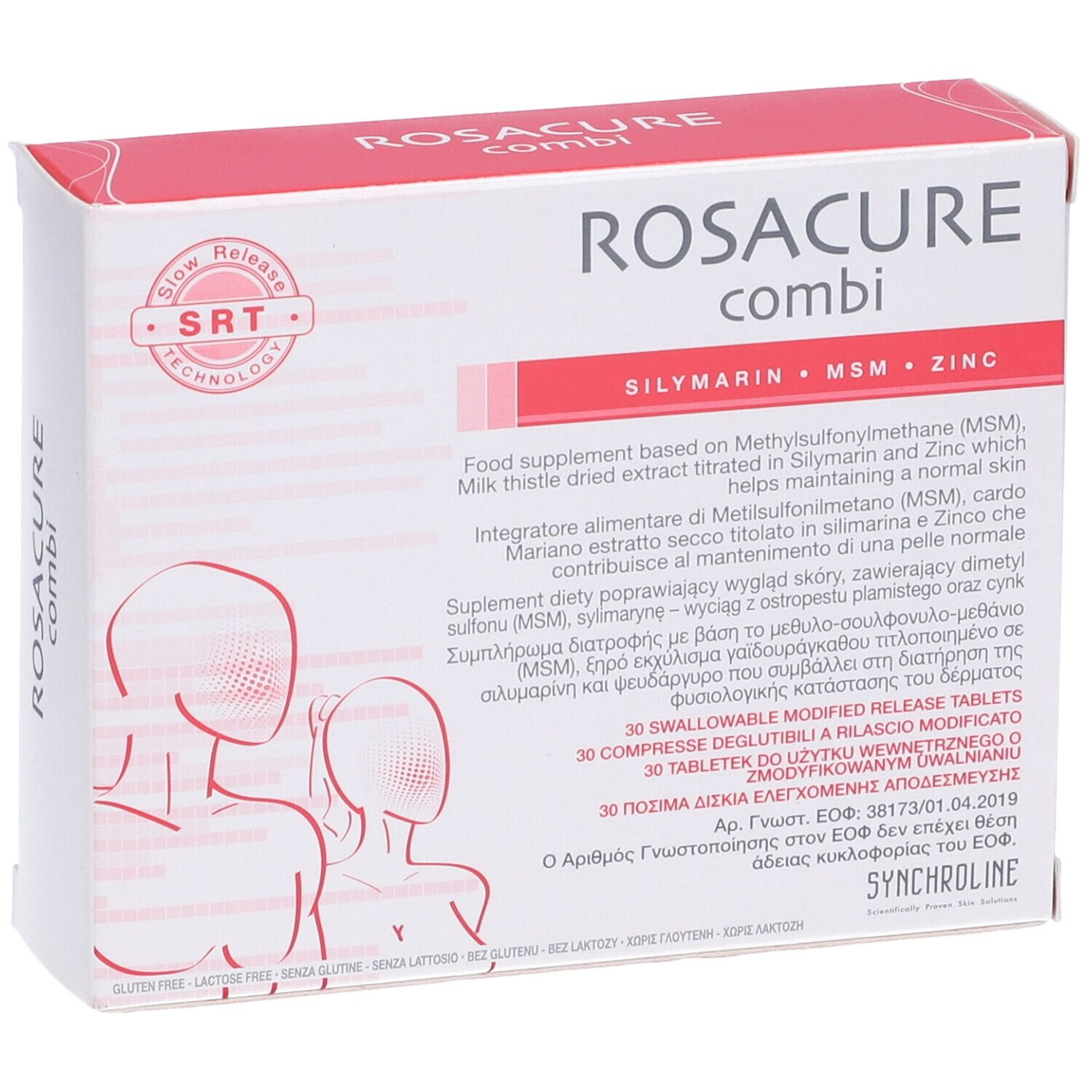 Confezione ROSACURE combi. Scatola bianca con testo rosso. Contiene 30 compresse. Tecnologia SRT.