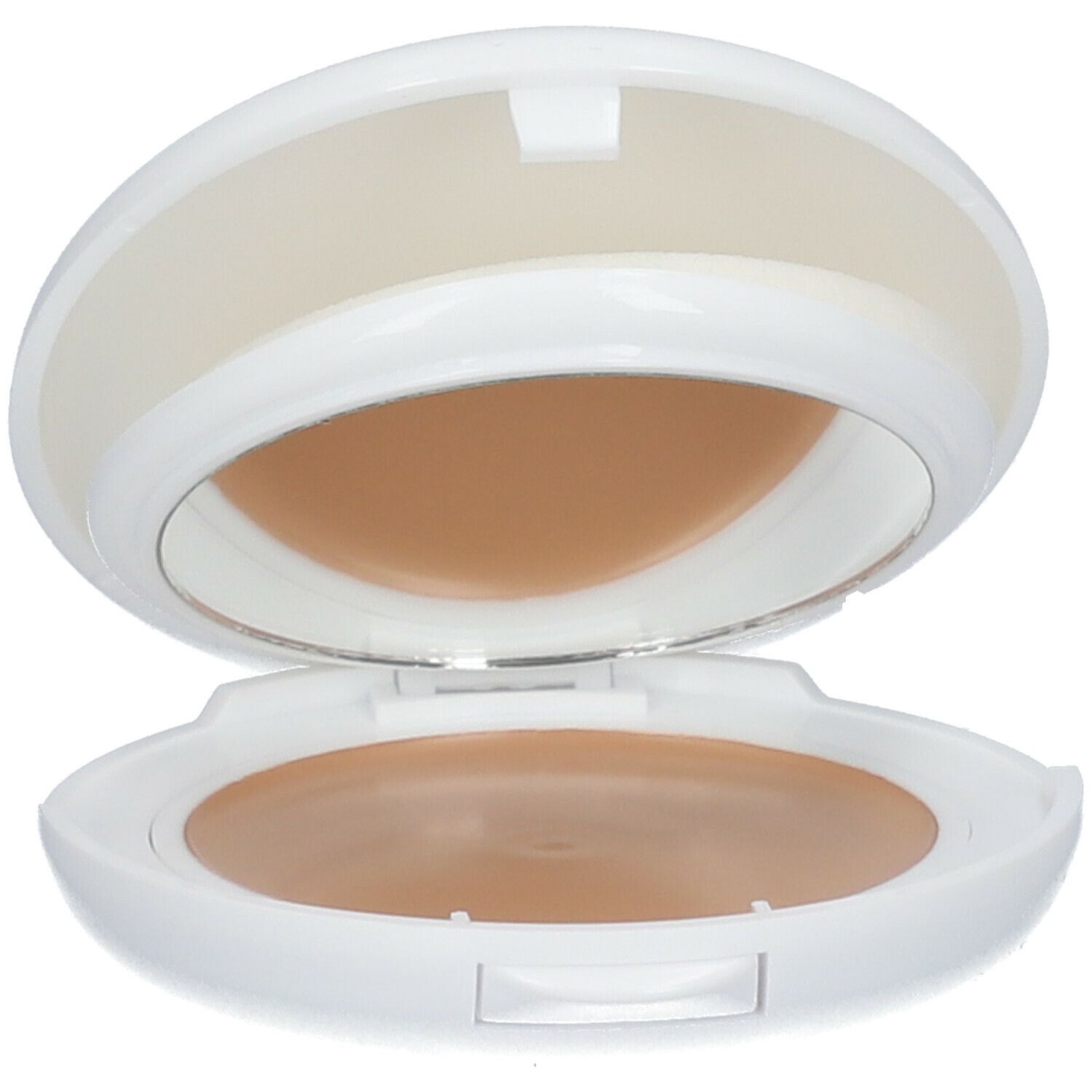 Contenitore compatto aperto con specchio e cipria colorata. Colore beige chiaro.