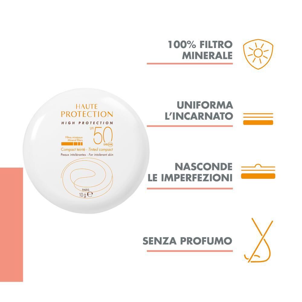 Compatto SPF 50. Rappresentazione grafica dei vantaggi: filtri minerali, incarnato uniforme, nasconde le imperfezioni.
