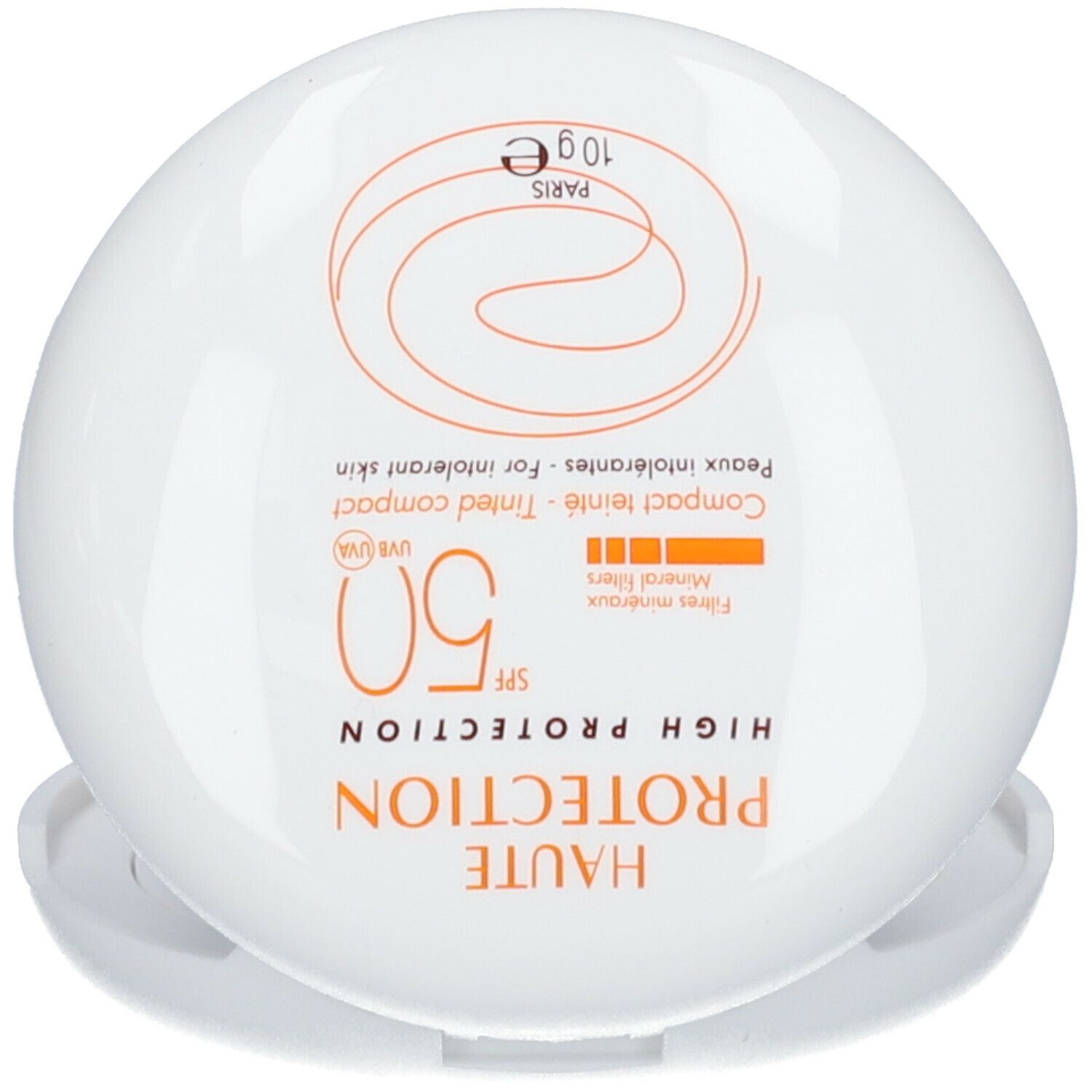 Cipria compatta bianca con scritta « HAUTE PROTECTION SPF 50 ». 10g. Per pelli intolleranti.