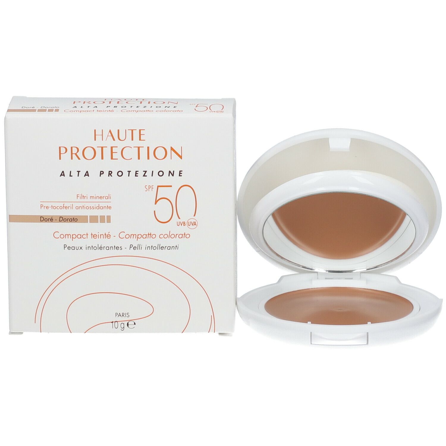 Cipria compatta e scatola. Scritta « HAUTE PROTECTION SPF 50 ». Tonalità: Doré. 10g.