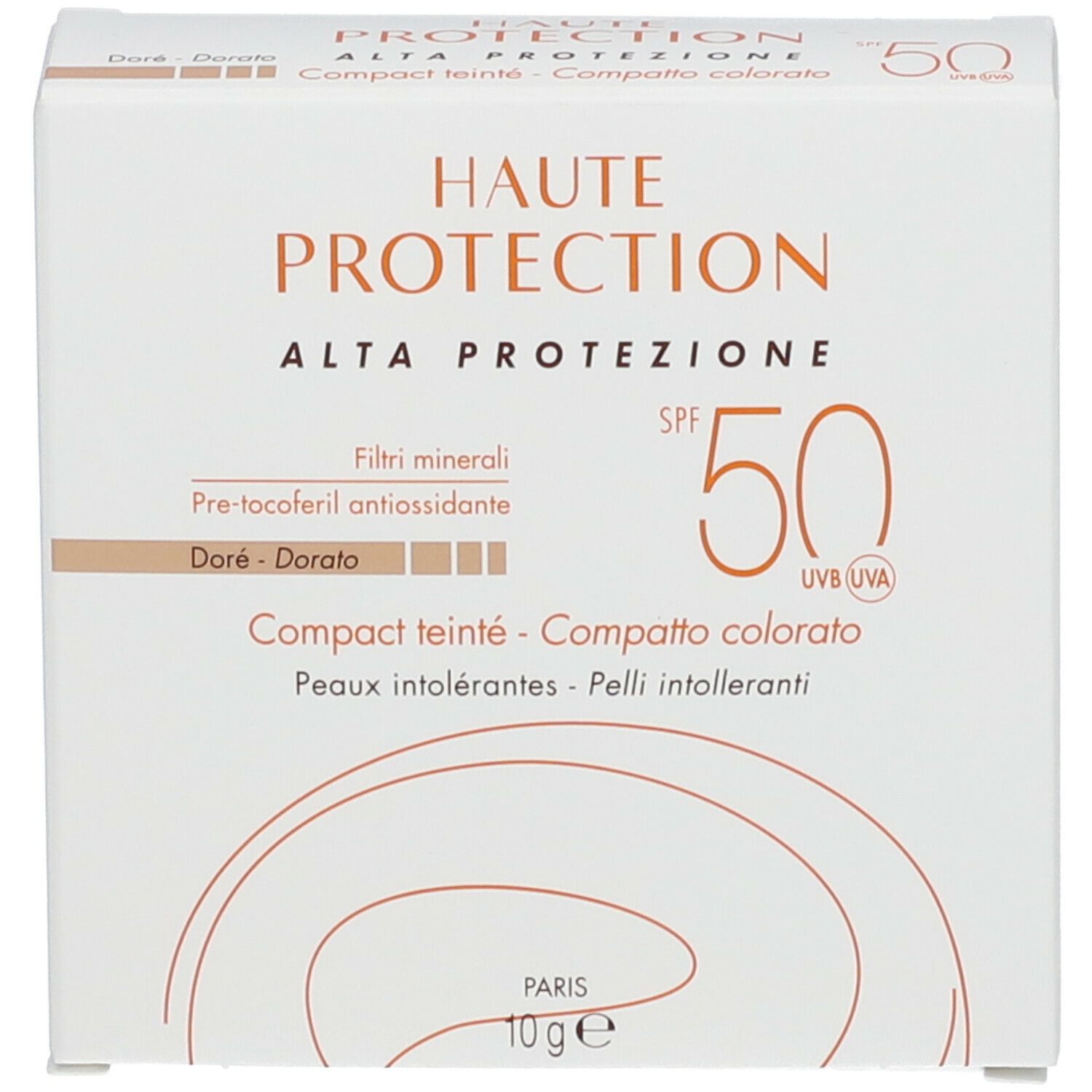 Scatola bianca con testo. Scritta « HAUTE PROTECTION SPF 50 ». Tonalità: Doré. 10g.