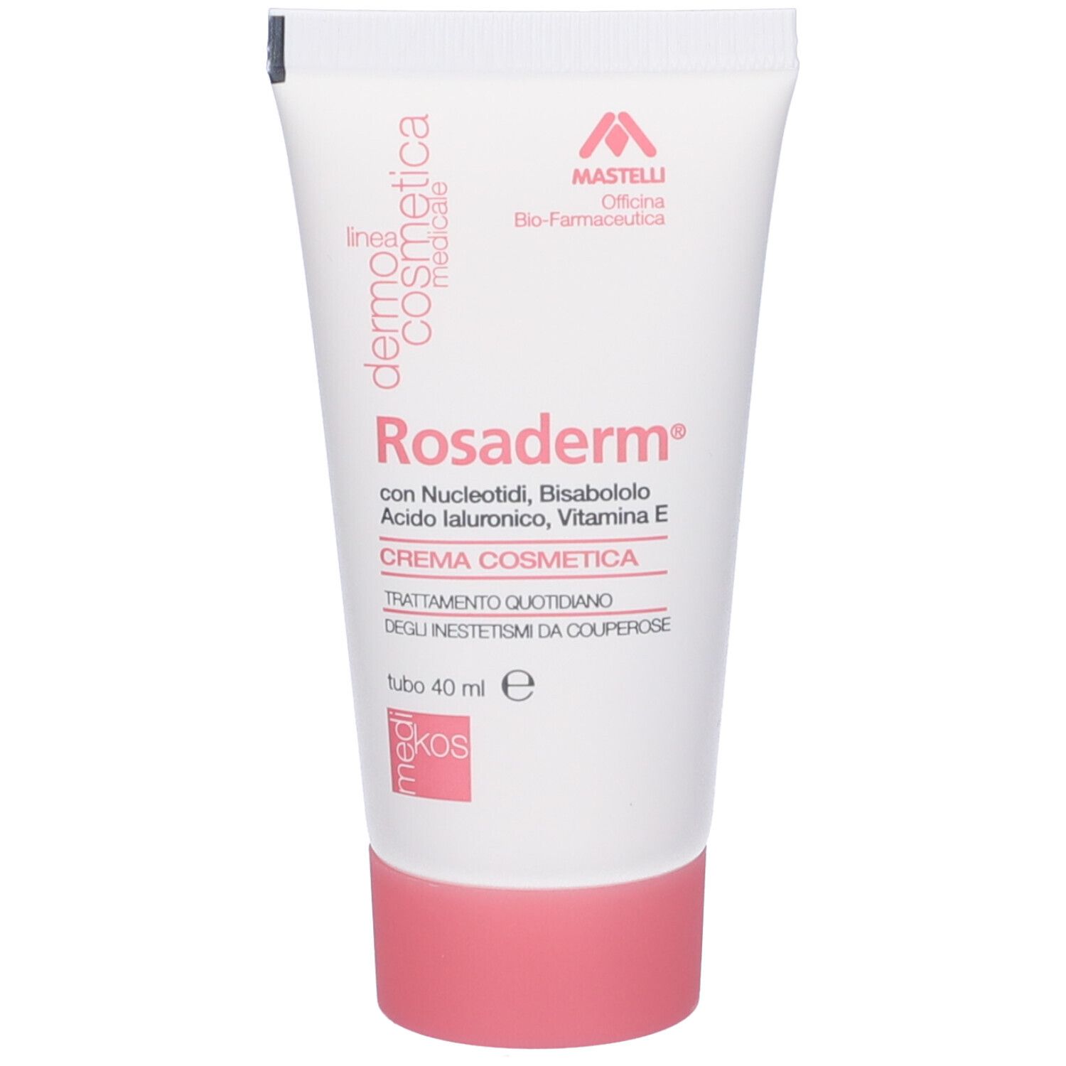 Tubo di crema bianco e rosa. Testo: Rosaderm, ingredienti, crema, 40 ml. Marchio: Mastelli.