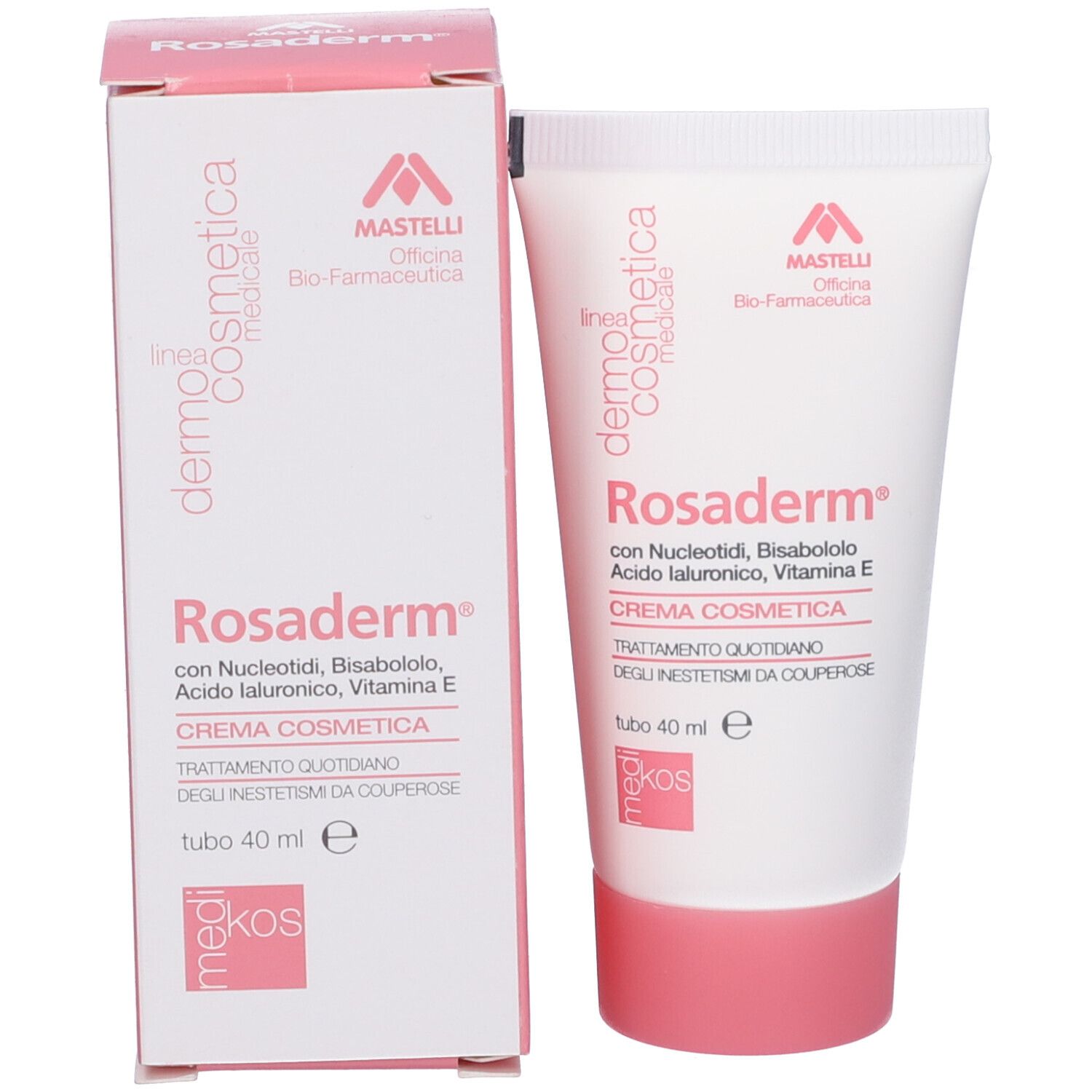 Confezione e tubo del prodotto. Confezione: bianca e rosa. Testo: Rosaderm, crema, 40 ml. Marchio: Mastelli.