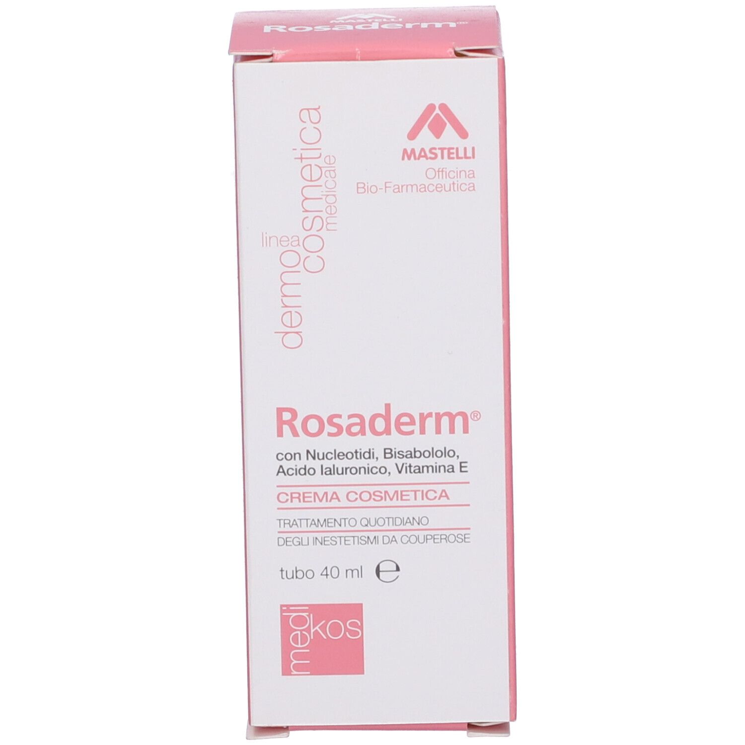 Confezione del prodotto, bianca e rosa. Testo: Rosaderm, crema, 40 ml. Marchio: Mastelli.